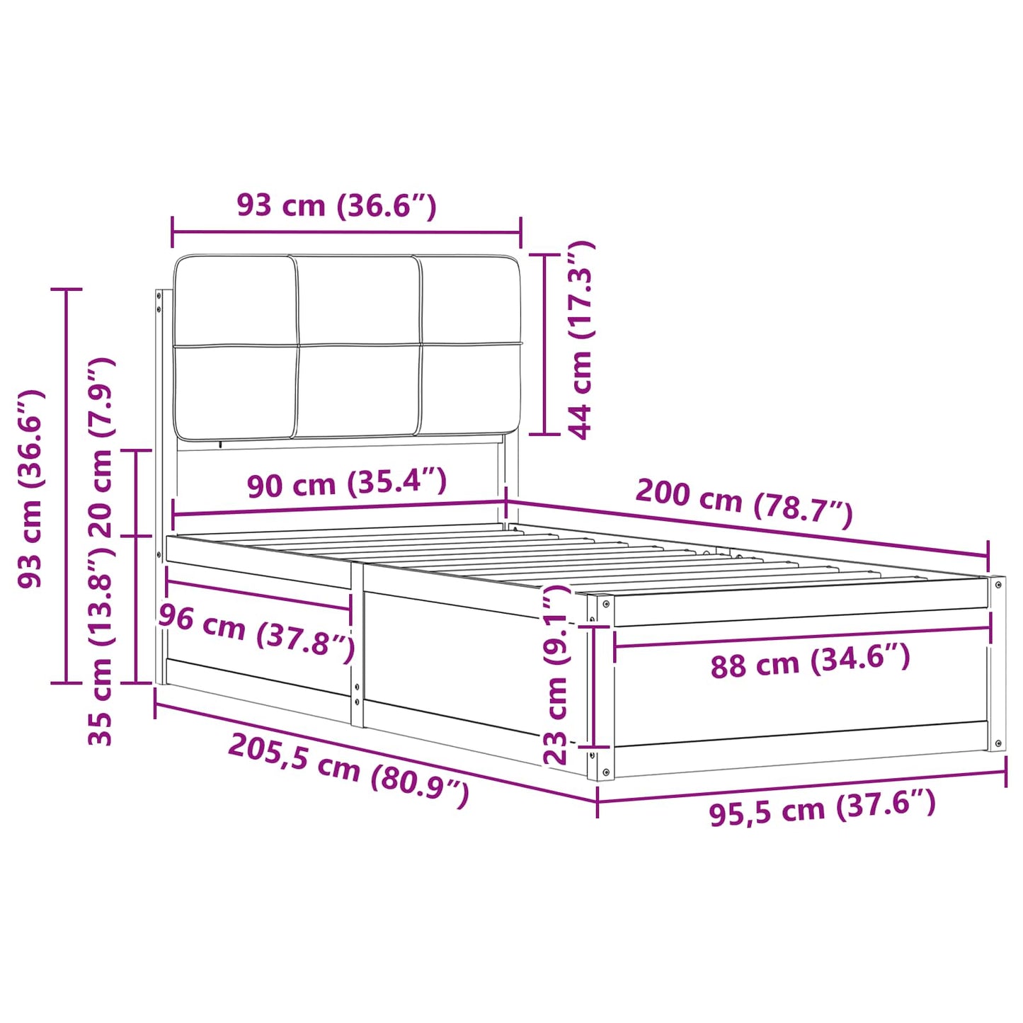 Bedframe met Gevoerd Hoofdgedeelte Zwart 90 x 200 cm is nu te koop bij PeponiXL, paradijselijk wonen!