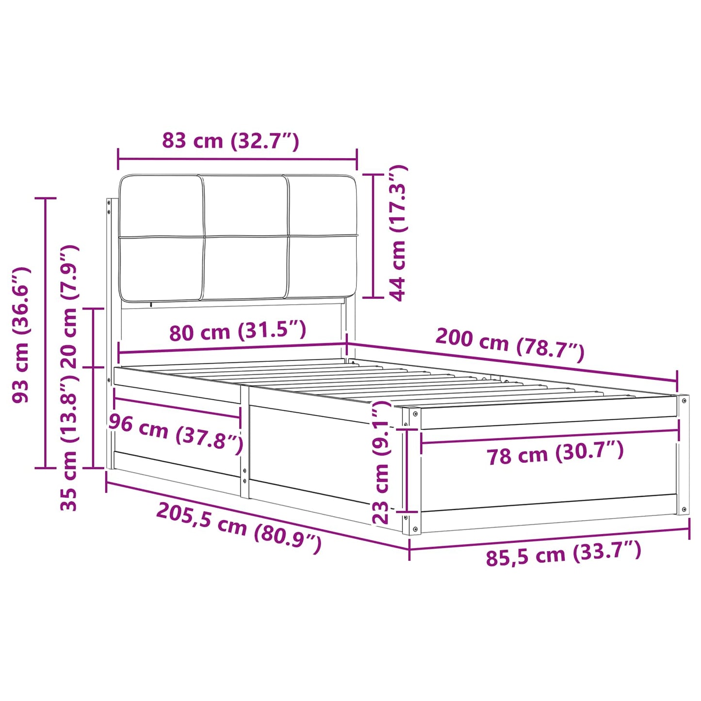 Bedframe met Gevoerd Hoofdgedeelte Zwart 80 x 200 cm is nu te koop bij PeponiXL, paradijselijk wonen!
