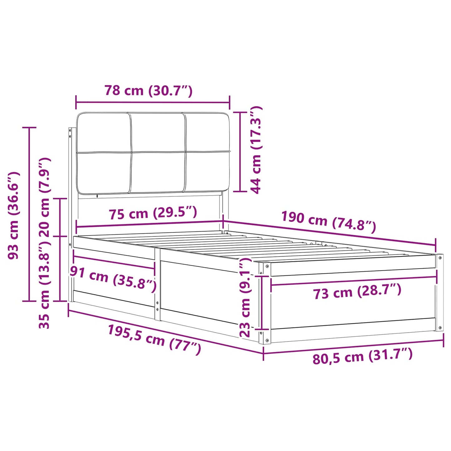 Bedframe met Gevoerd Hoofdgedeelte Zwart 75 x 190 cm is nu te koop bij PeponiXL, paradijselijk wonen!