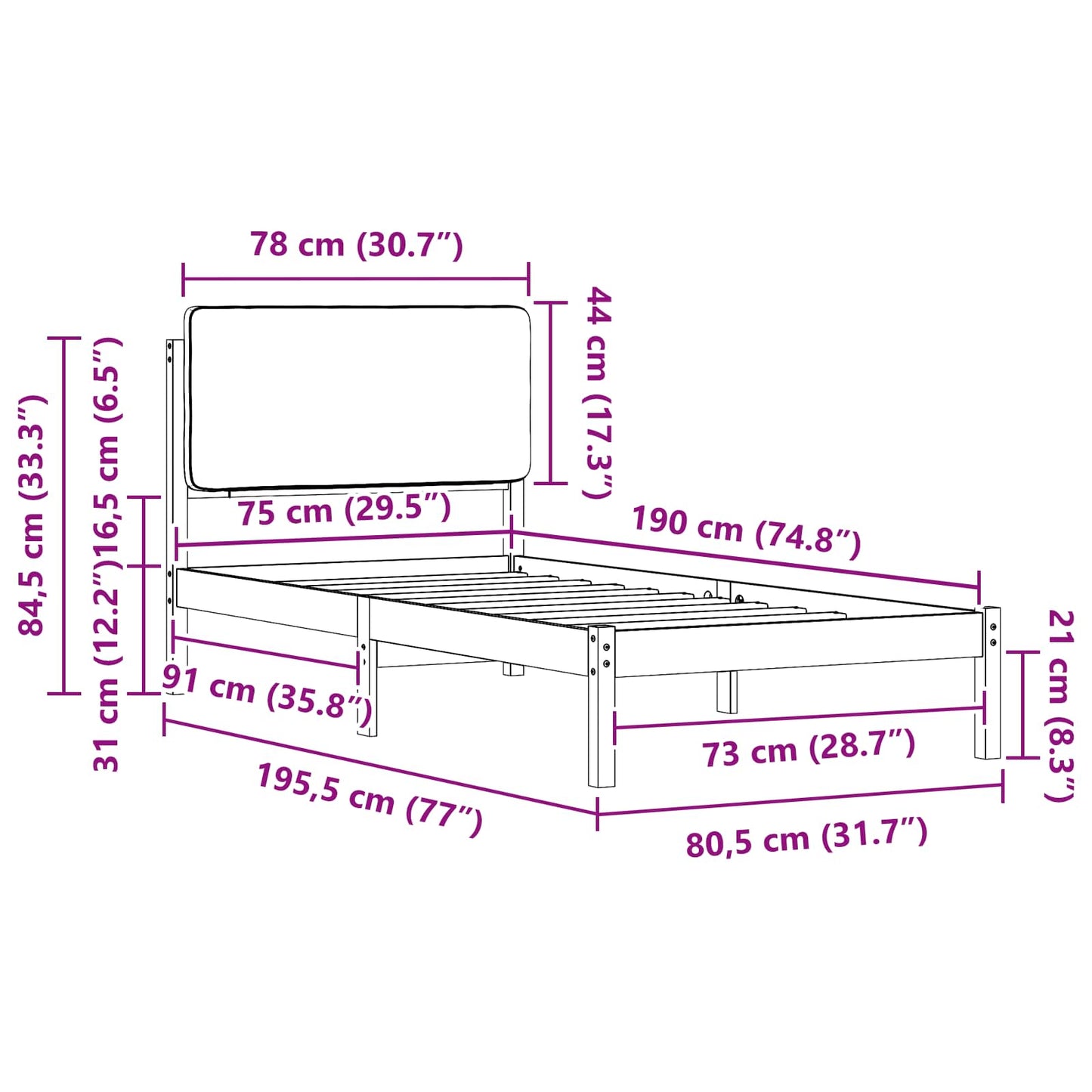 Bedframe met Gevoerd Hoofdgedeelte Donkergrijs 75 x 190 cm is nu te koop bij PeponiXL, paradijselijk wonen!