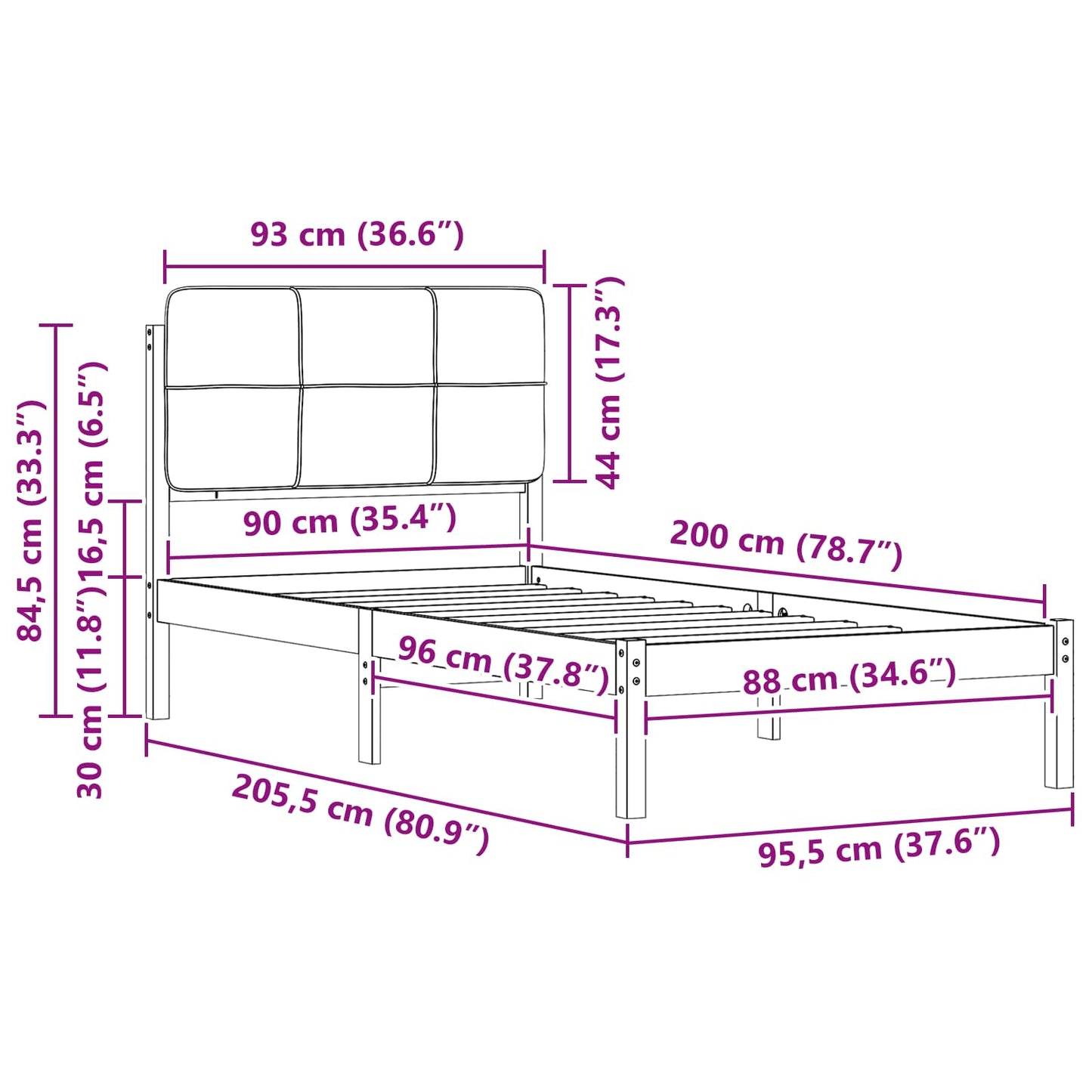 Bedframe met Gevoerd Hoofdgedeelte Zwart 90 x 200 cm is nu te koop bij PeponiXL, paradijselijk wonen!