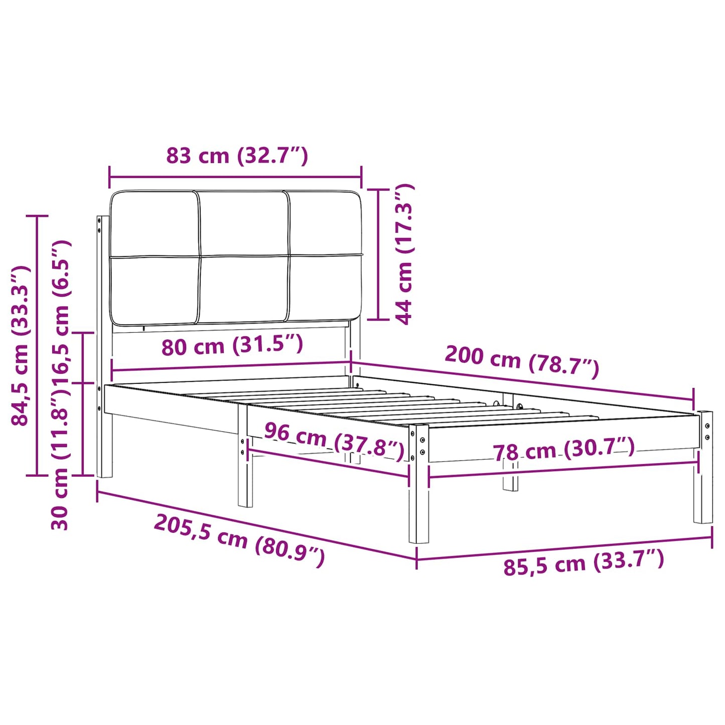 Bedframe met Gevoerd Hoofdgedeelte Zwart 80 x 200 cm is nu te koop bij PeponiXL, paradijselijk wonen!
