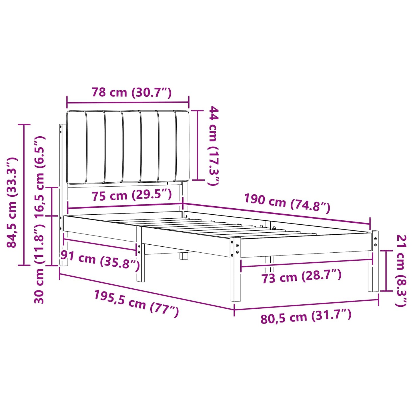 Bedframe met Gevoerd Hoofdgedeelte Zwart 75 x 190 cm is nu te koop bij PeponiXL, paradijselijk wonen!