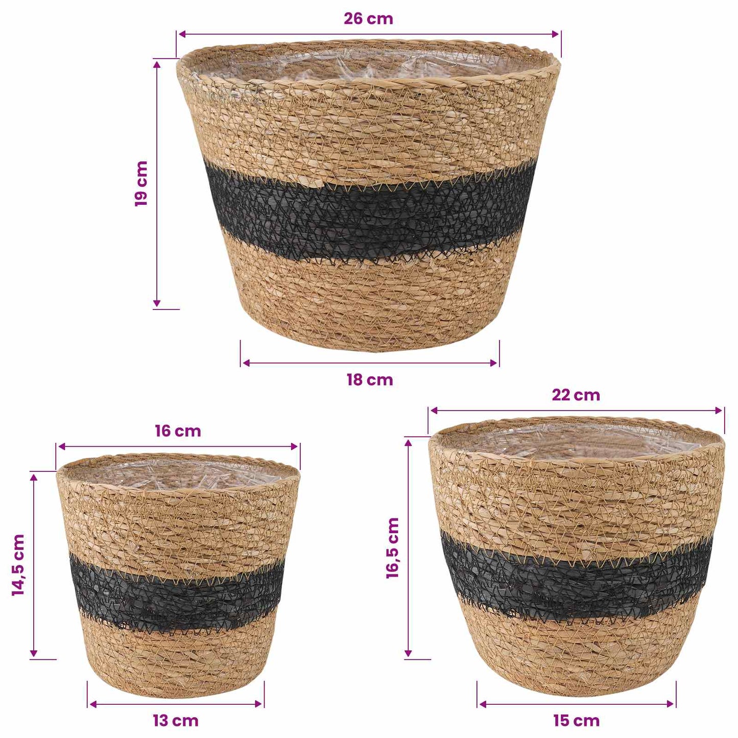 Zeegras Plantenmanden 3 pcs Naturel en Zwart Ø26 x 19 cm is nu te koop bij PeponiXL, paradijselijk wonen!