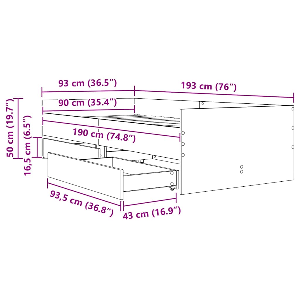 Bedframe met lade Artisan Eiken 90 x 190 cm Massief grenenhout is nu te koop bij PeponiXL, paradijselijk wonen!
