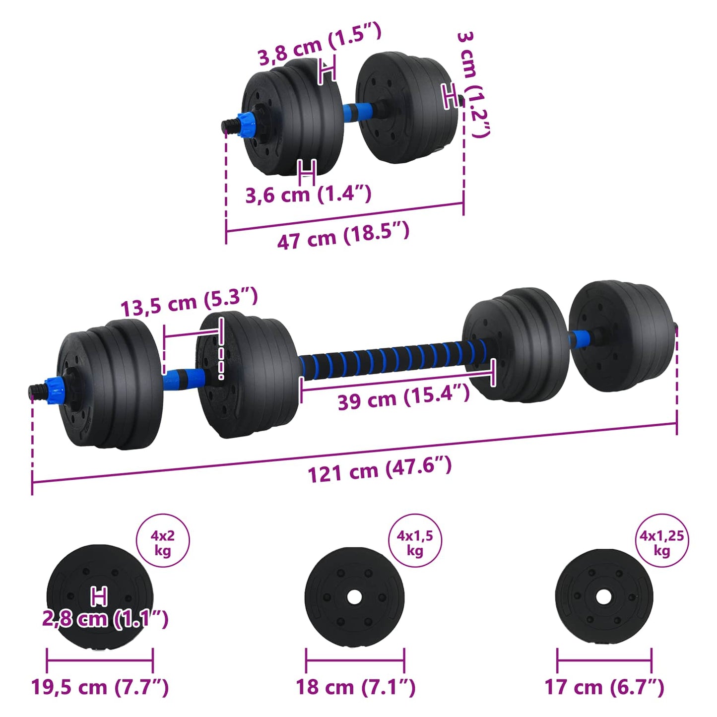 2-in-1 Halter-Barbell Set 20 kg Zwart en Blauw is nu te koop bij PeponiXL, paradijselijk wonen!