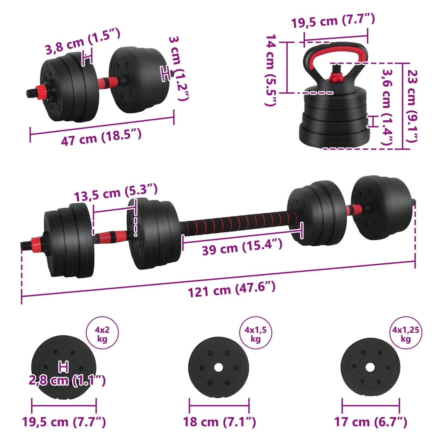 4-in-1 Dumbbell Barbell Kettlebell Set 20 kg Zwart en Rood is nu te koop bij PeponiXL, paradijselijk wonen!