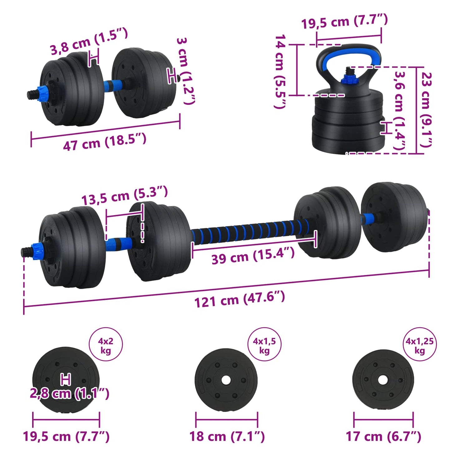4-in-1 Dumbbell Barbell Kettlebell Set 20 kg Zwart en Blauw is nu te koop bij PeponiXL, paradijselijk wonen!