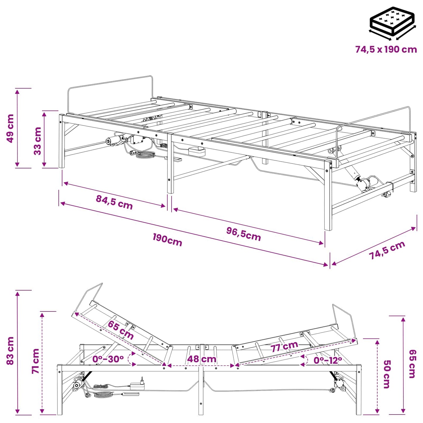 Elektrisch Verstelbaar Bedframe Wit 75 x 190 cm Staal