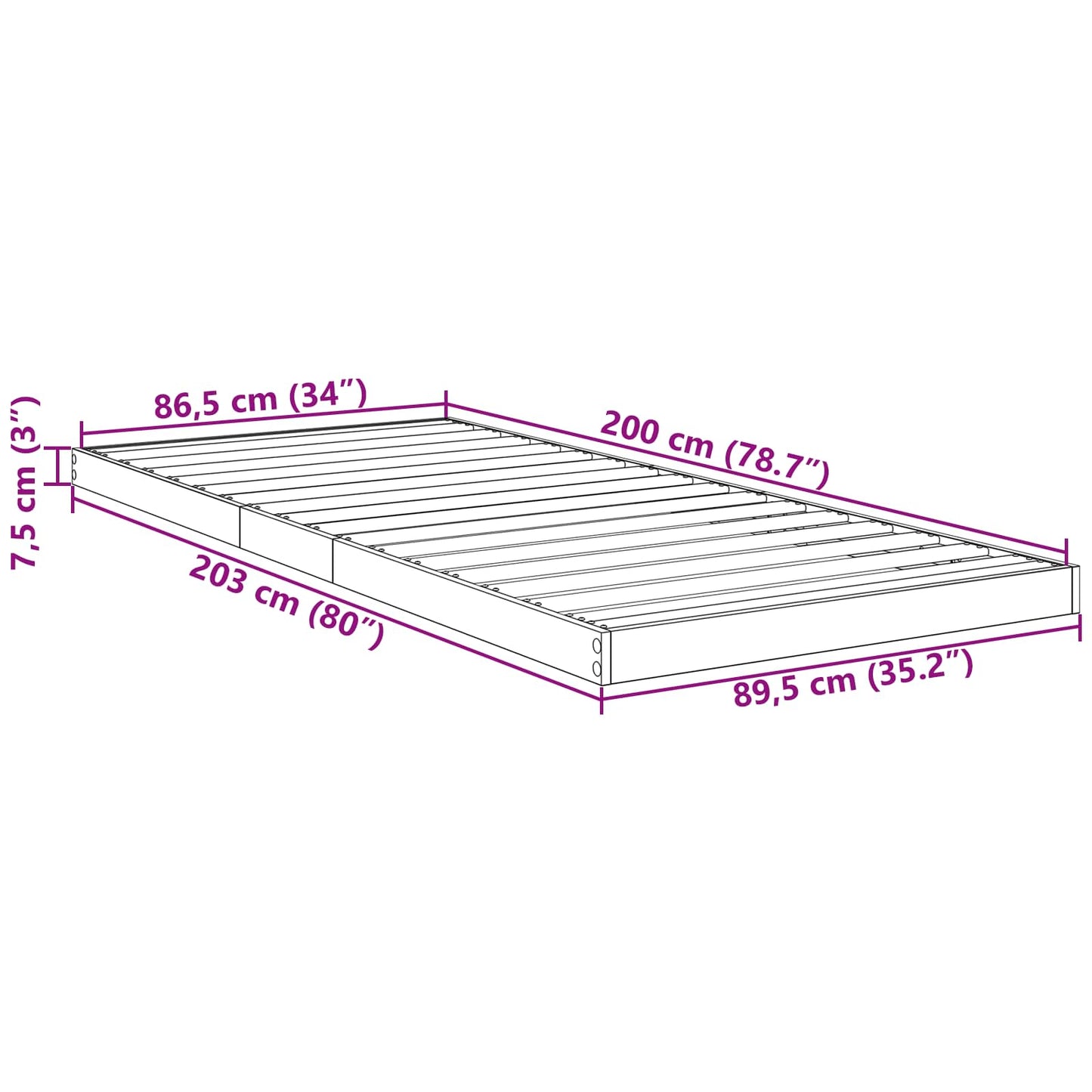 Vloer bedframe Sonoma Eiken 90 x 200 cm Bewerkt hout is nu te koop bij PeponiXL, paradijselijk wonen!