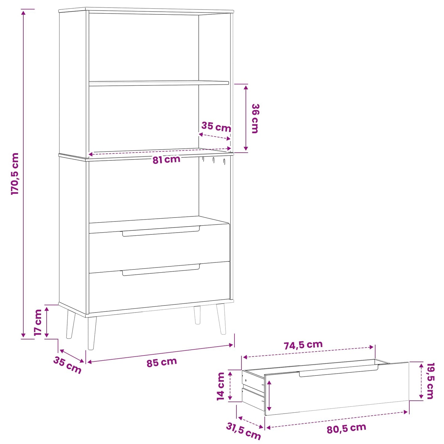 Boekenkast MOLDE 85 x 35 x 170,5 cm Massief grenenhout Caramel is nu te koop bij PeponiXL, paradijselijk wonen!