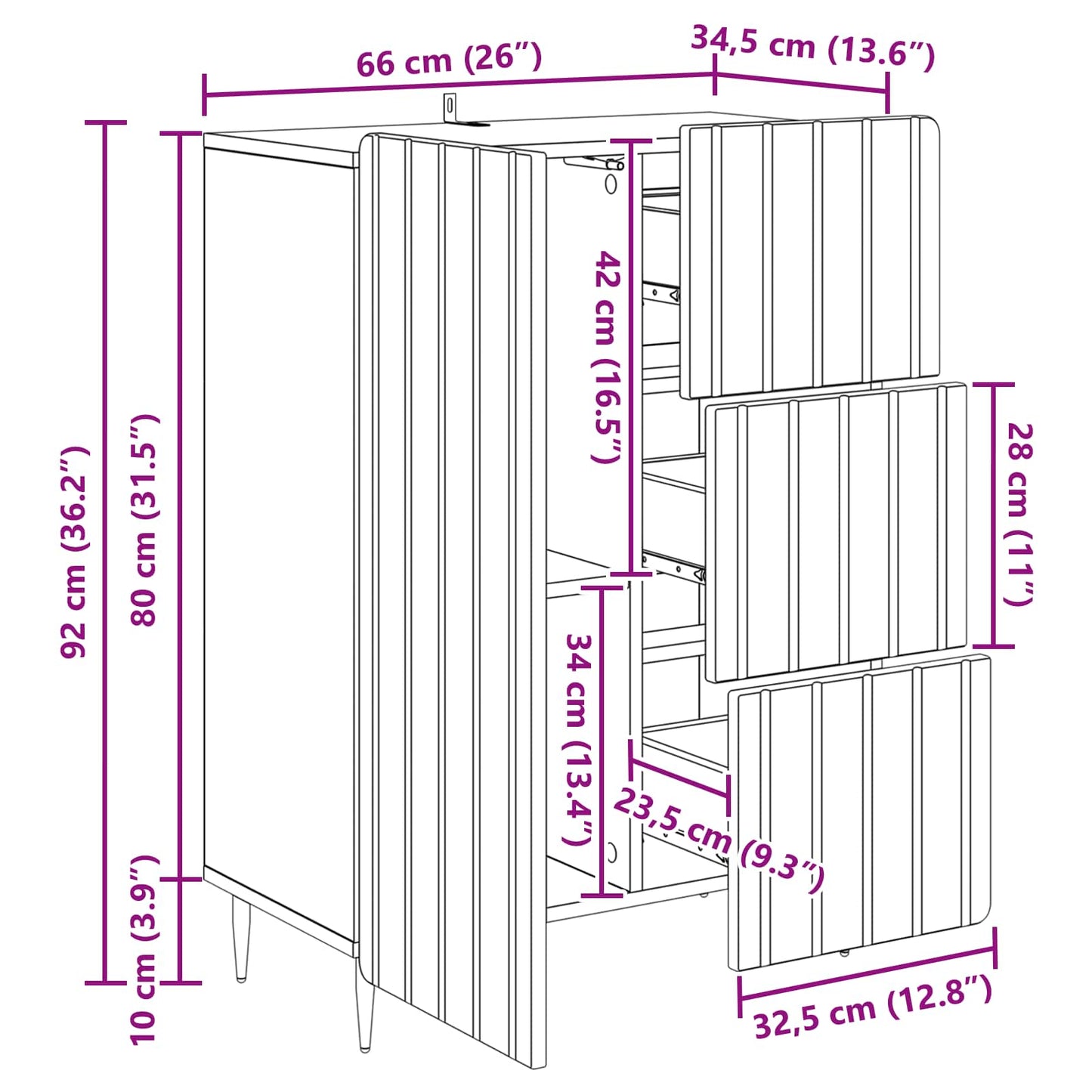 Dressoir Wit 66 x 34,5 x 91,5 cm Bewerkt hout is nu te koop bij PeponiXL, paradijselijk wonen!