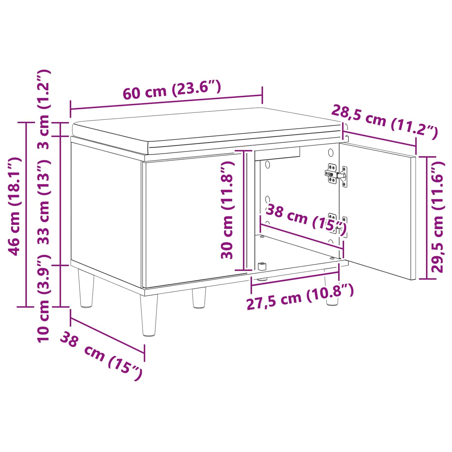 Halbank met kussen met opslag Zwarte Eik 60 x 38 x 46 cm is nu te koop bij PeponiXL, paradijselijk wonen!