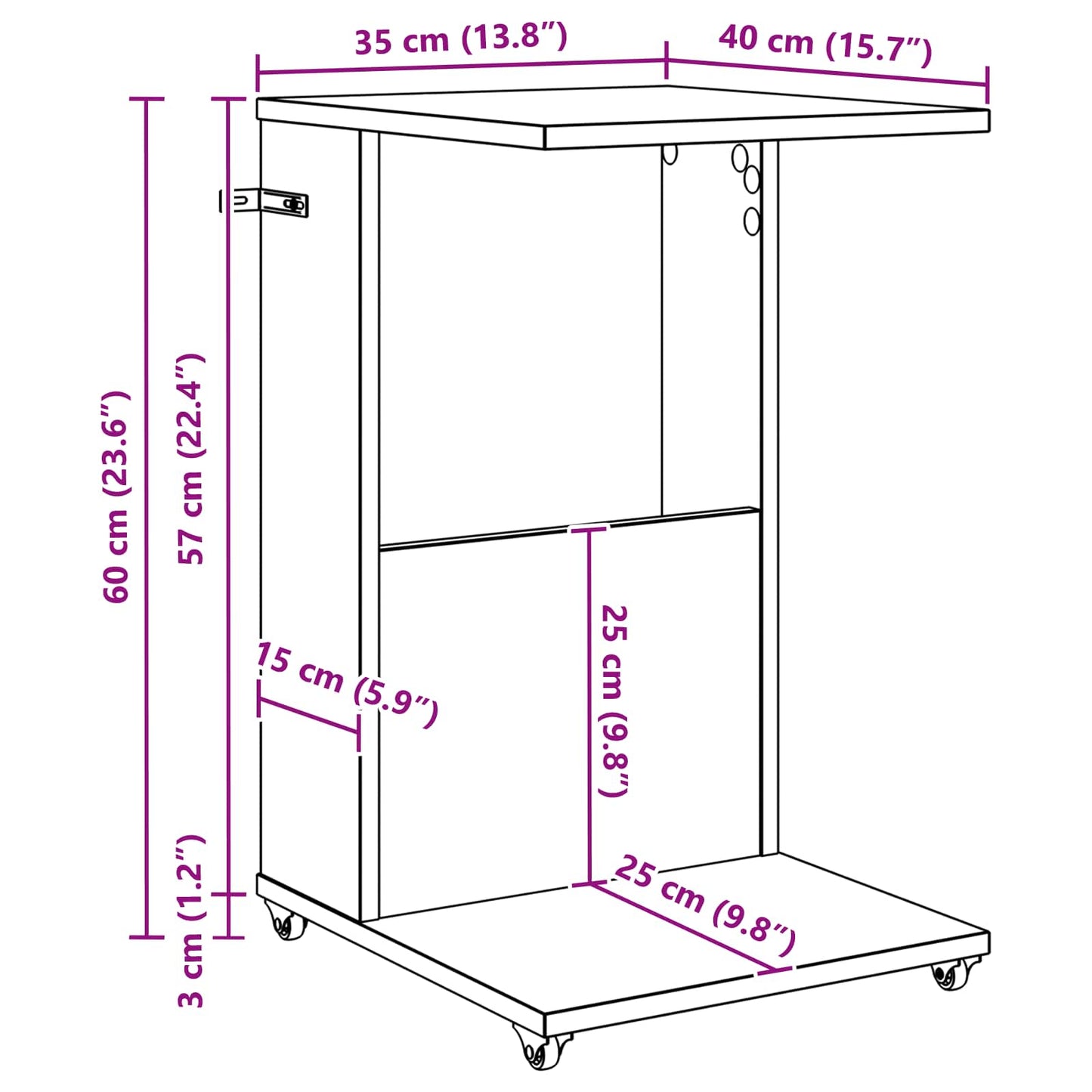 Bijzettafel met wiel Zwart Eiken 40 x 35 x 60 cm Bewerkt hout is nu te koop bij PeponiXL, paradijselijk wonen!