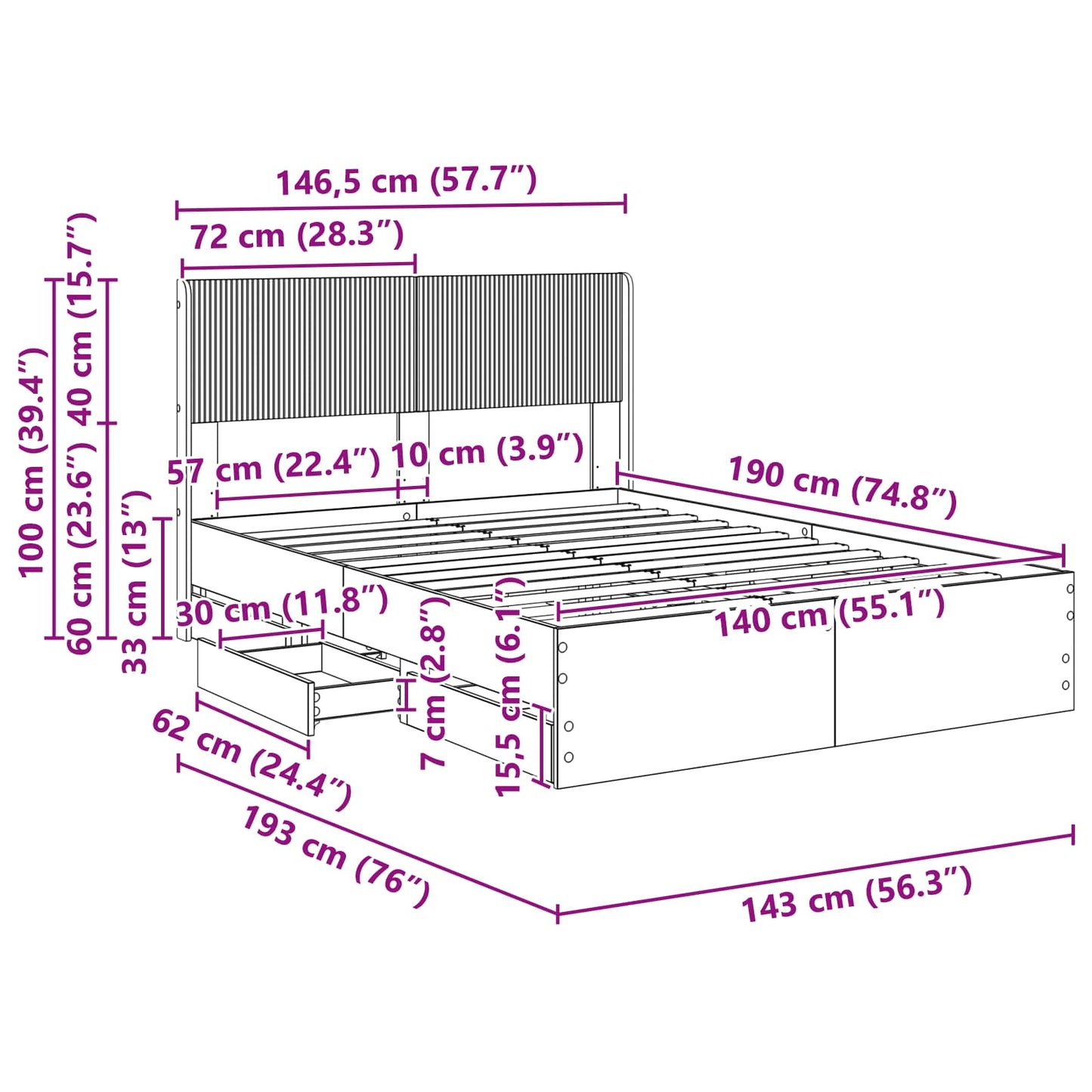 Bedframe met opbergruimte en hoofdbord met lade Gerookt eiken is nu te koop bij PeponiXL, paradijselijk wonen!