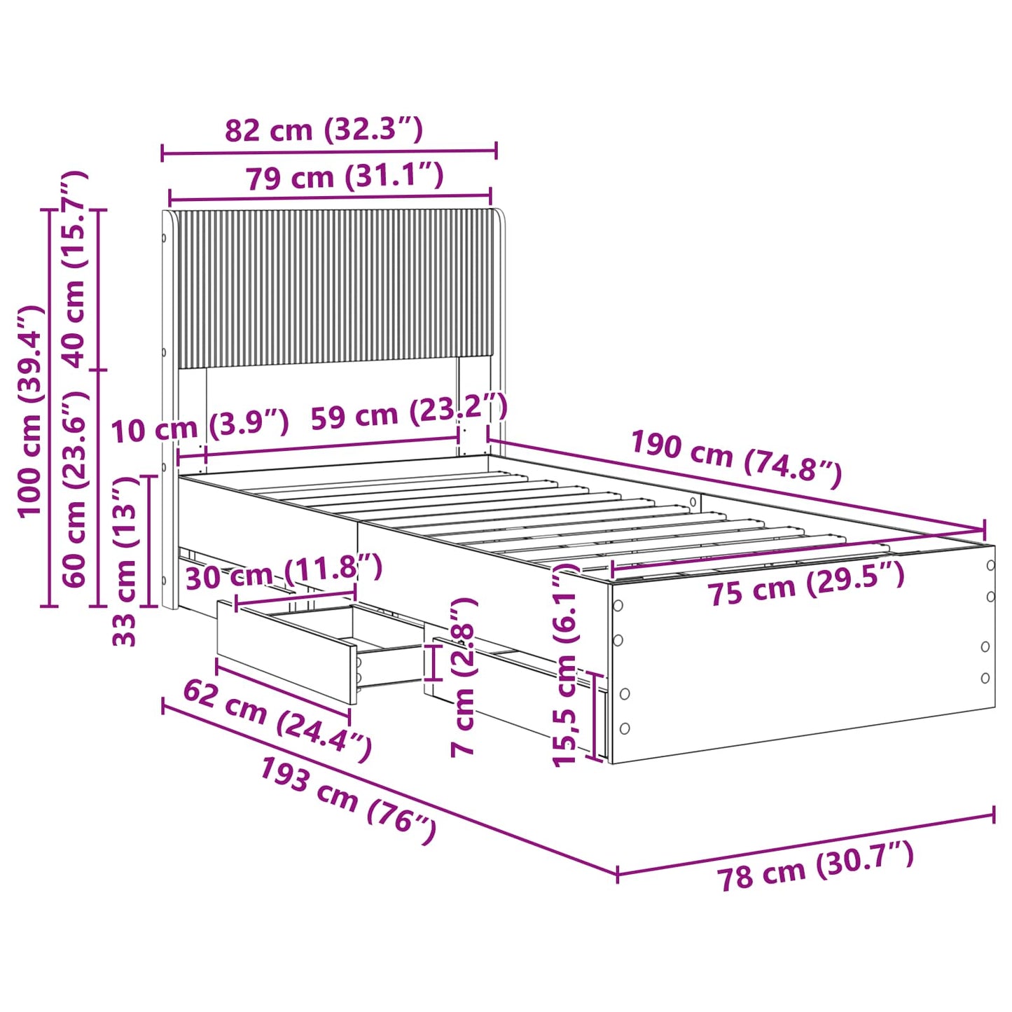 Bedframe met opbergruimte en hoofdbord Betongrijs 75 x 190 cm is nu te koop bij PeponiXL, paradijselijk wonen!