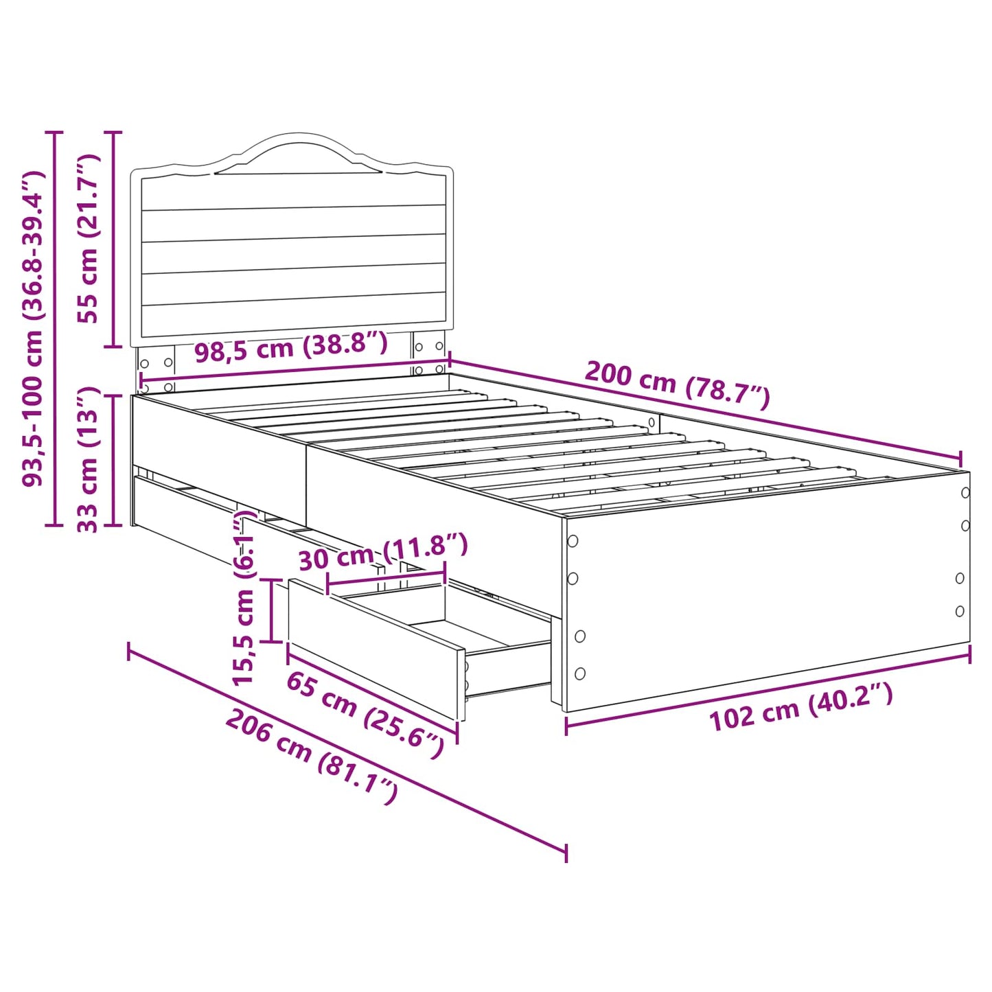 Bedframe met lade met opslag Zwart 100 x 200 cm Ingenieurshout is nu te koop bij PeponiXL, paradijselijk wonen!