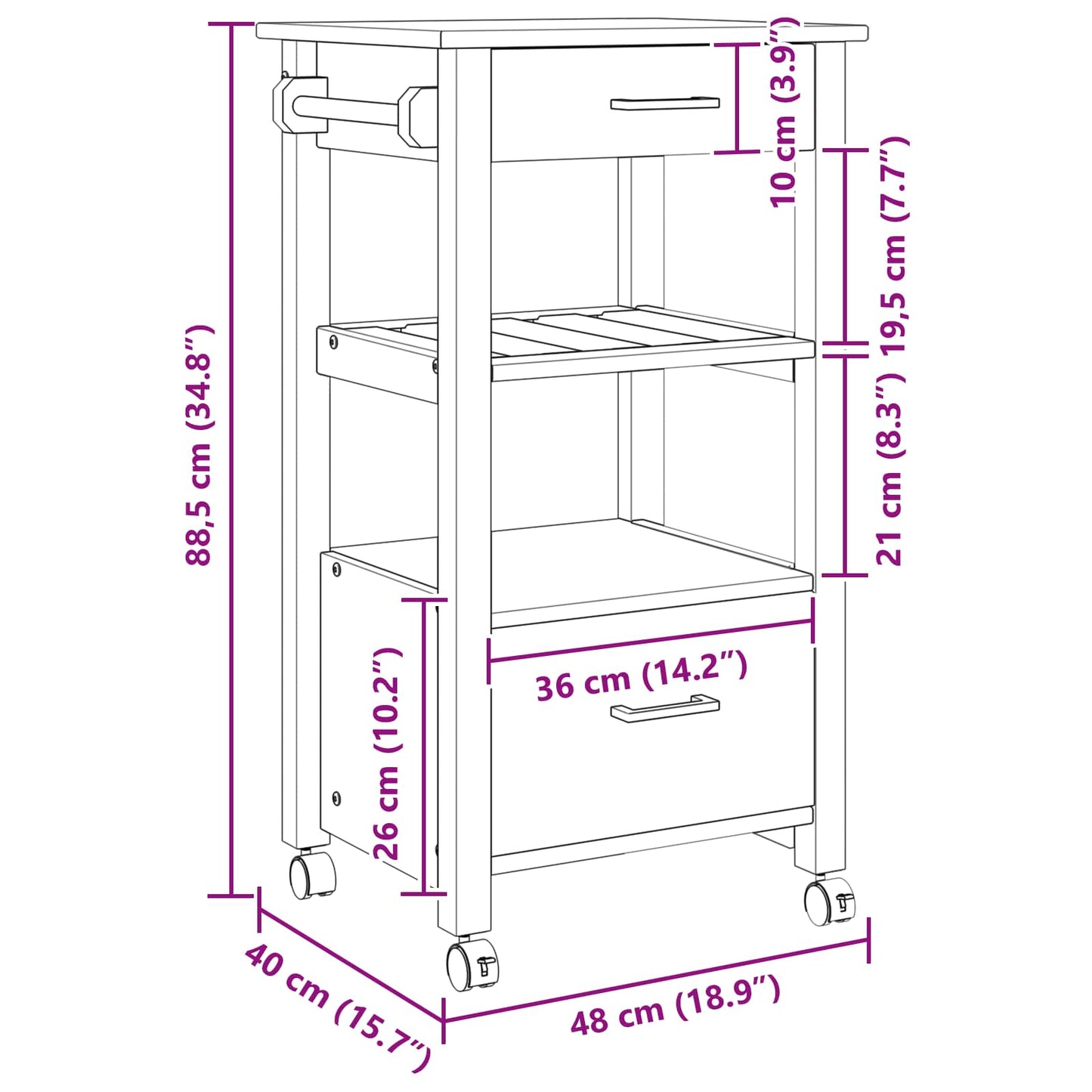 Keuken Trolley MONZA Zwart 48 x 40 x 88,5 cm Massief Vurenhout is nu te koop bij PeponiXL, paradijselijk wonen!