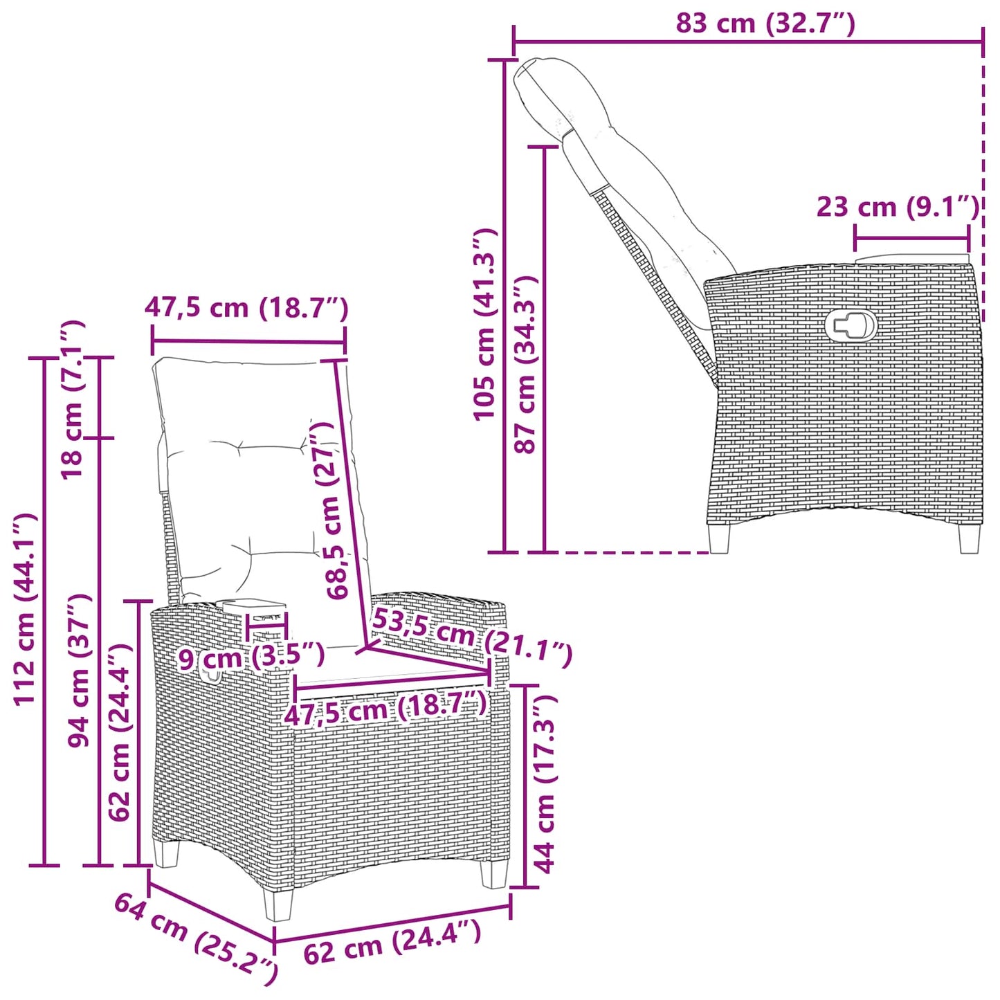 Verstelbare stoel met theeplaat 62 x 64 x 112 cm poly rattan is nu te koop bij PeponiXL, paradijselijk wonen!