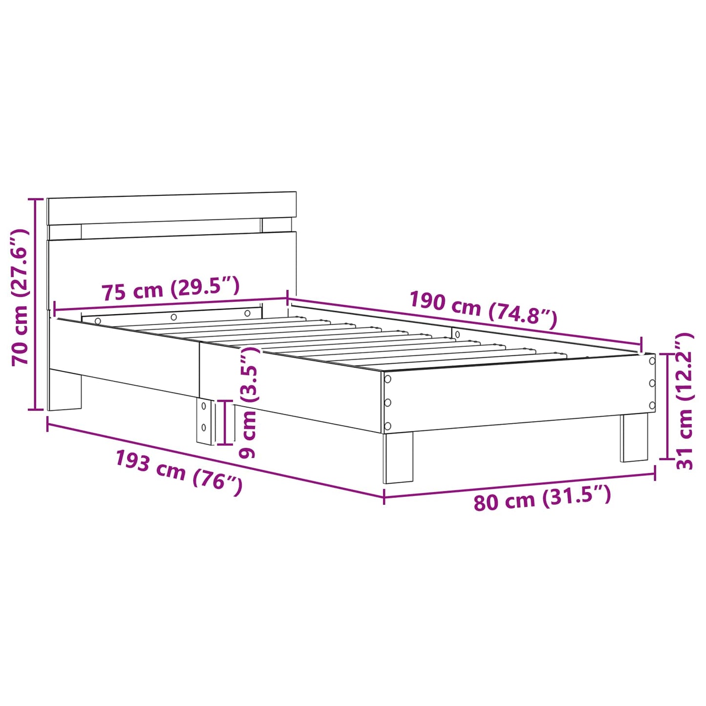 Bedframe met hoofdeinde Zwart Eiken 75 x 190 cm Bewerkt hout is nu te koop bij PeponiXL, paradijselijk wonen!