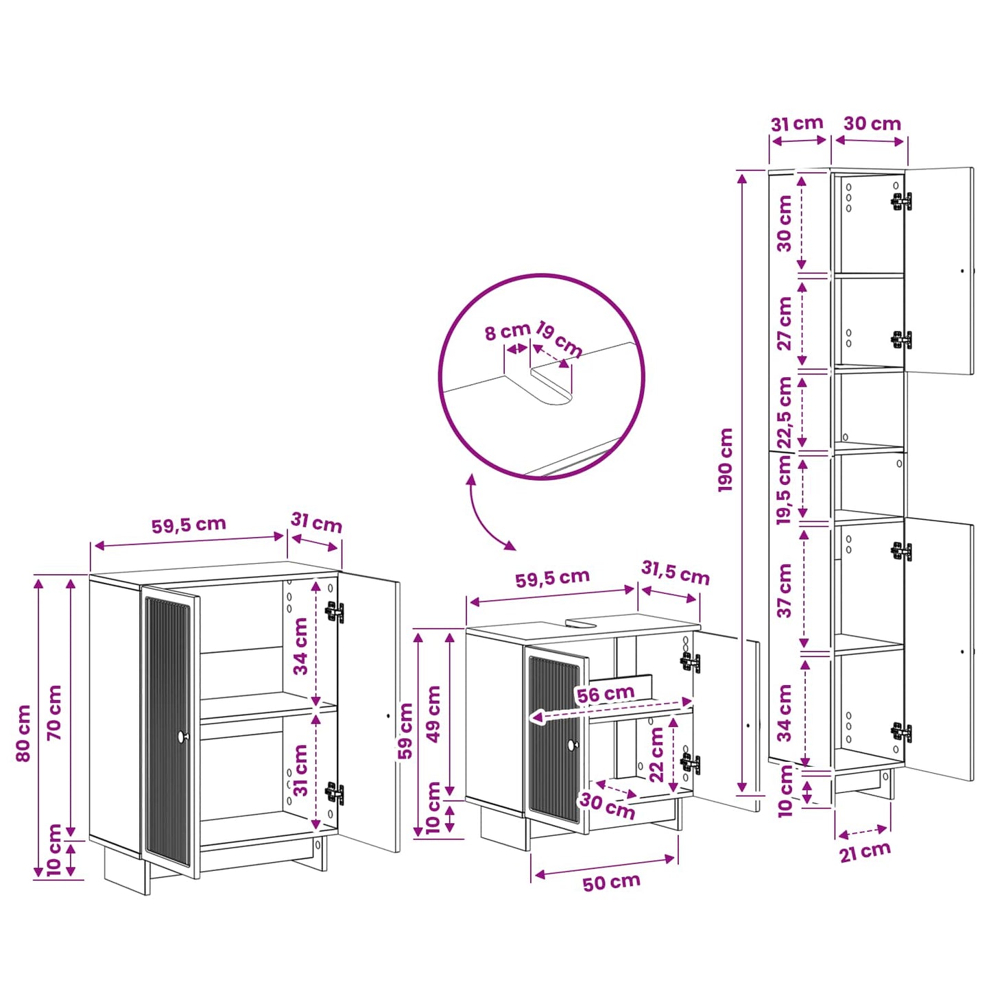 3-delige badkamerkast set EDE Hoogglans Wit Bewerkt hout is nu te koop bij PeponiXL, paradijselijk wonen!