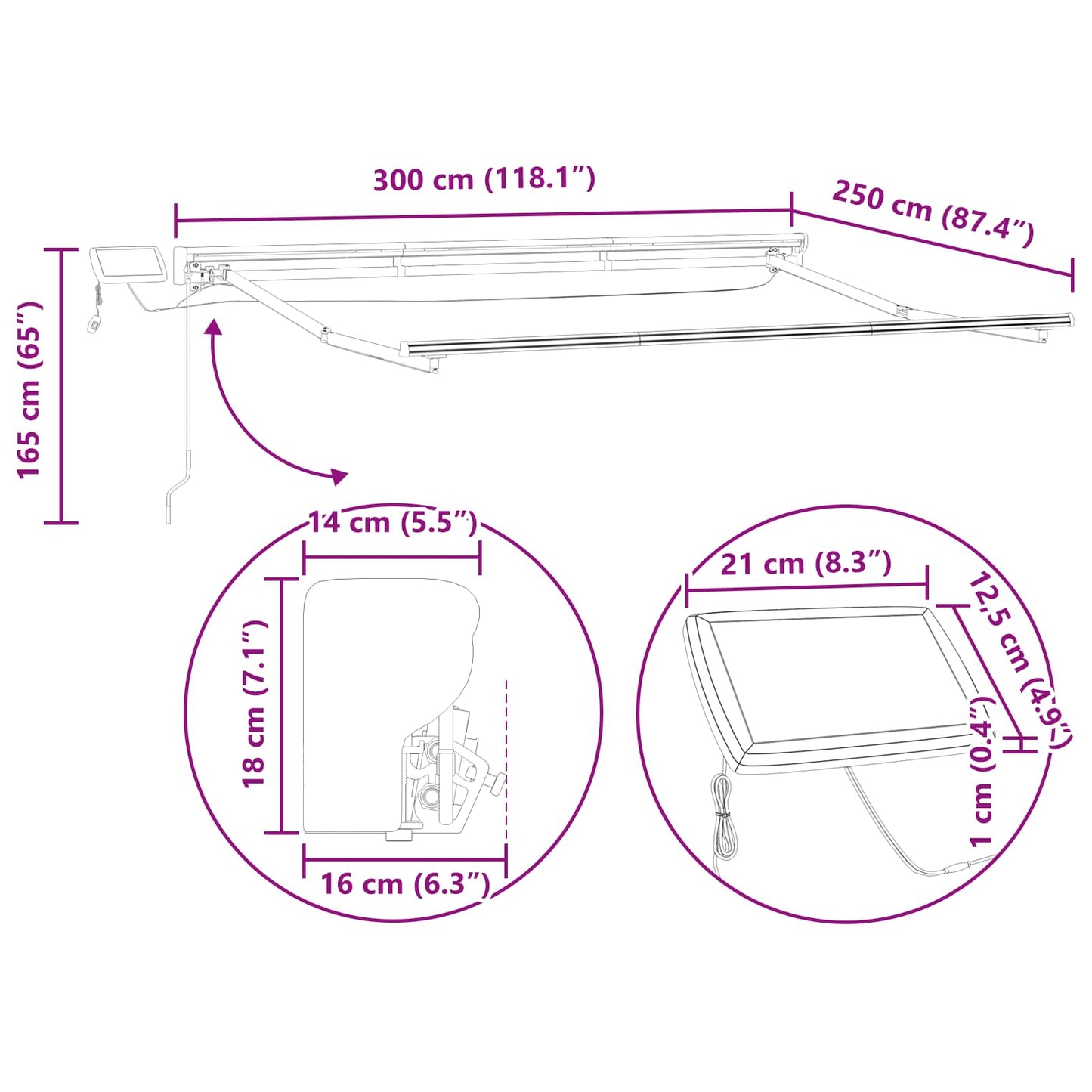 Handmatige Luifelhouder met LED's Wit 3 x 2,5 m Aluminium is nu te koop bij PeponiXL, paradijselijk wonen!