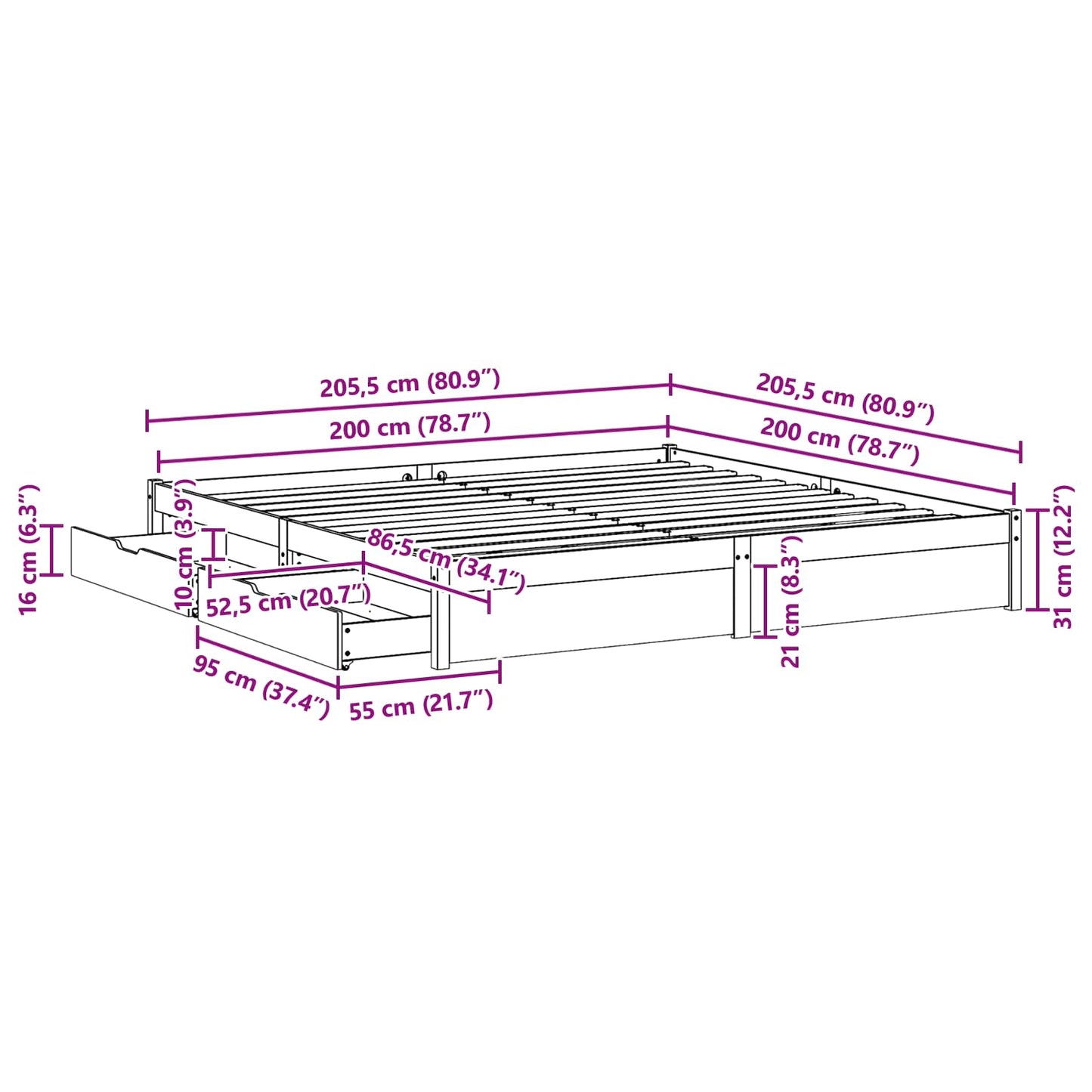 Bedframe met lade Wasbruin 200 x 200 cm Massief Vurenhout is nu te koop bij PeponiXL, paradijselijk wonen!