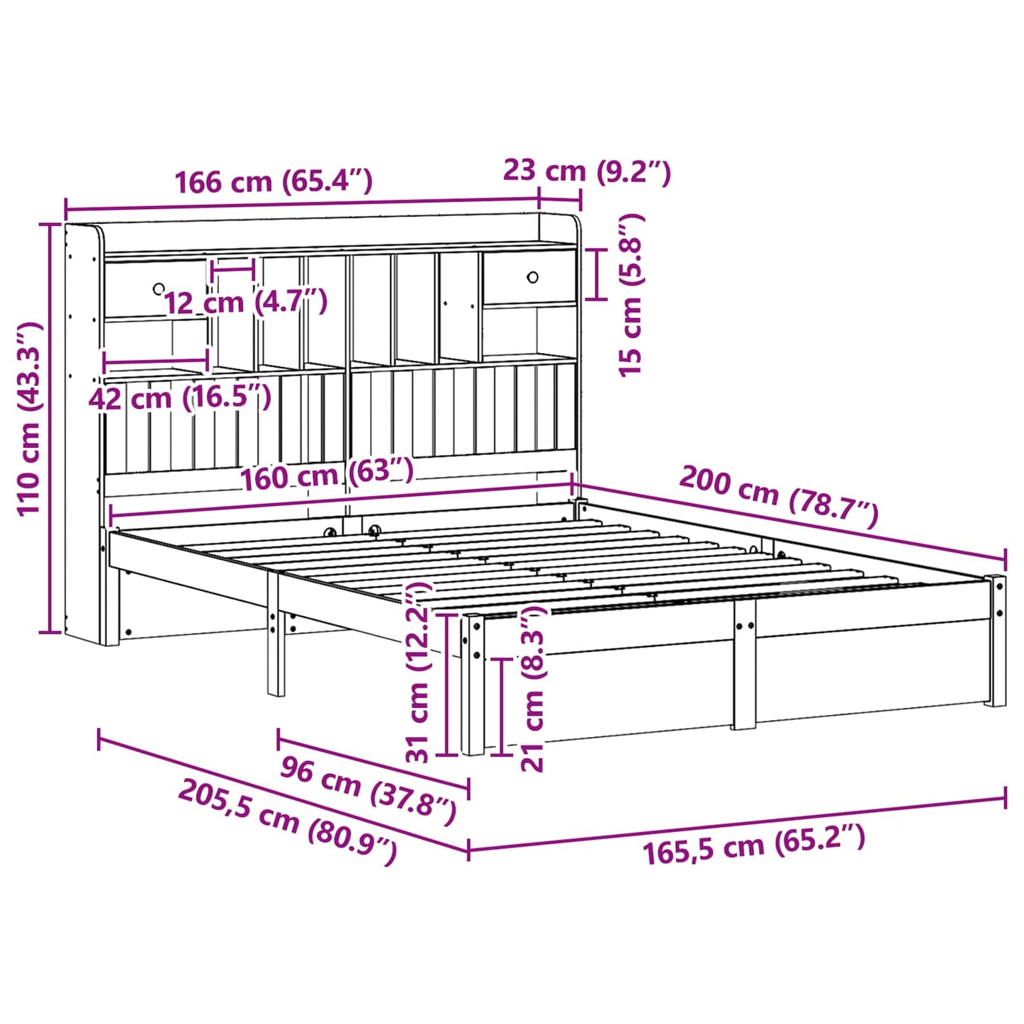 Boekenkast Bedframe Wasbruin 200 x 160 cm Massief Vurenhout is nu te koop bij PeponiXL, paradijselijk wonen!