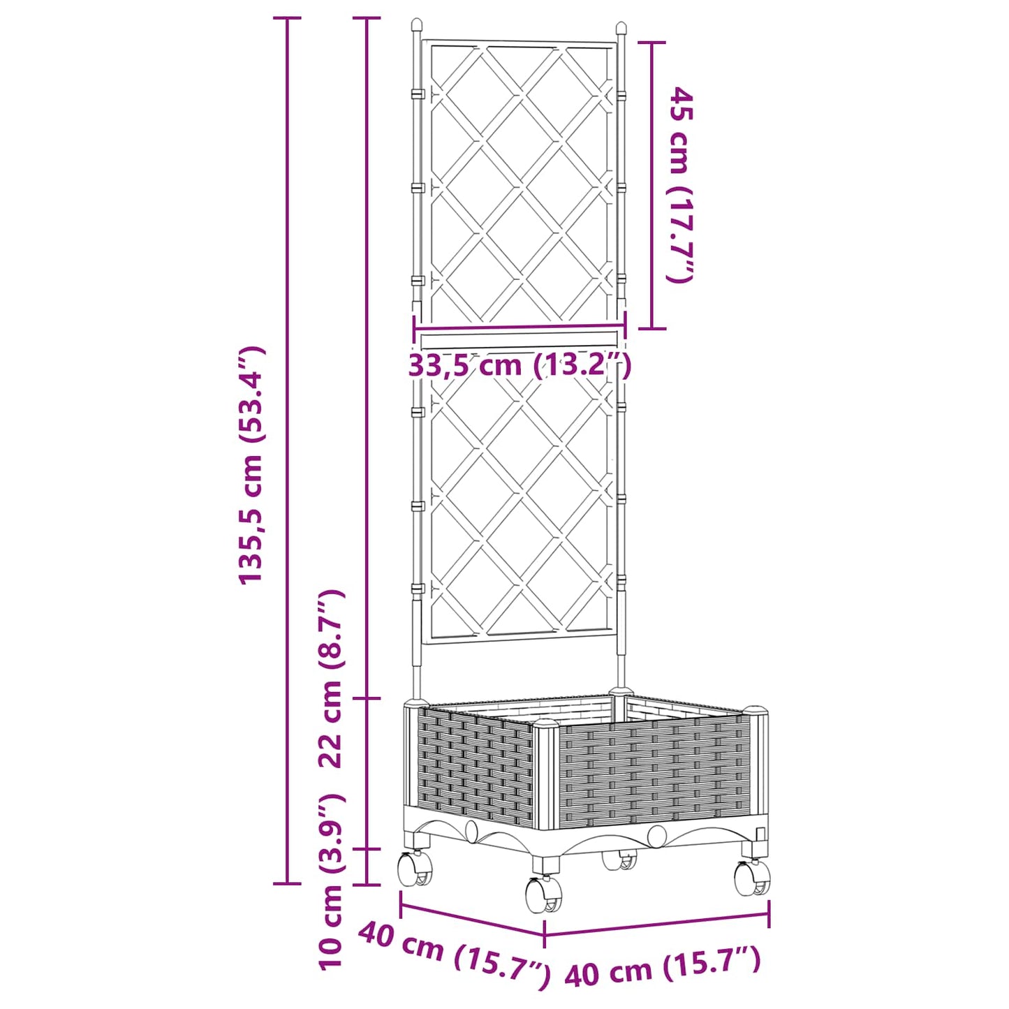 Tuinplantbak met schutting en wielen Zwart 40 x 40 x 131,5 cm