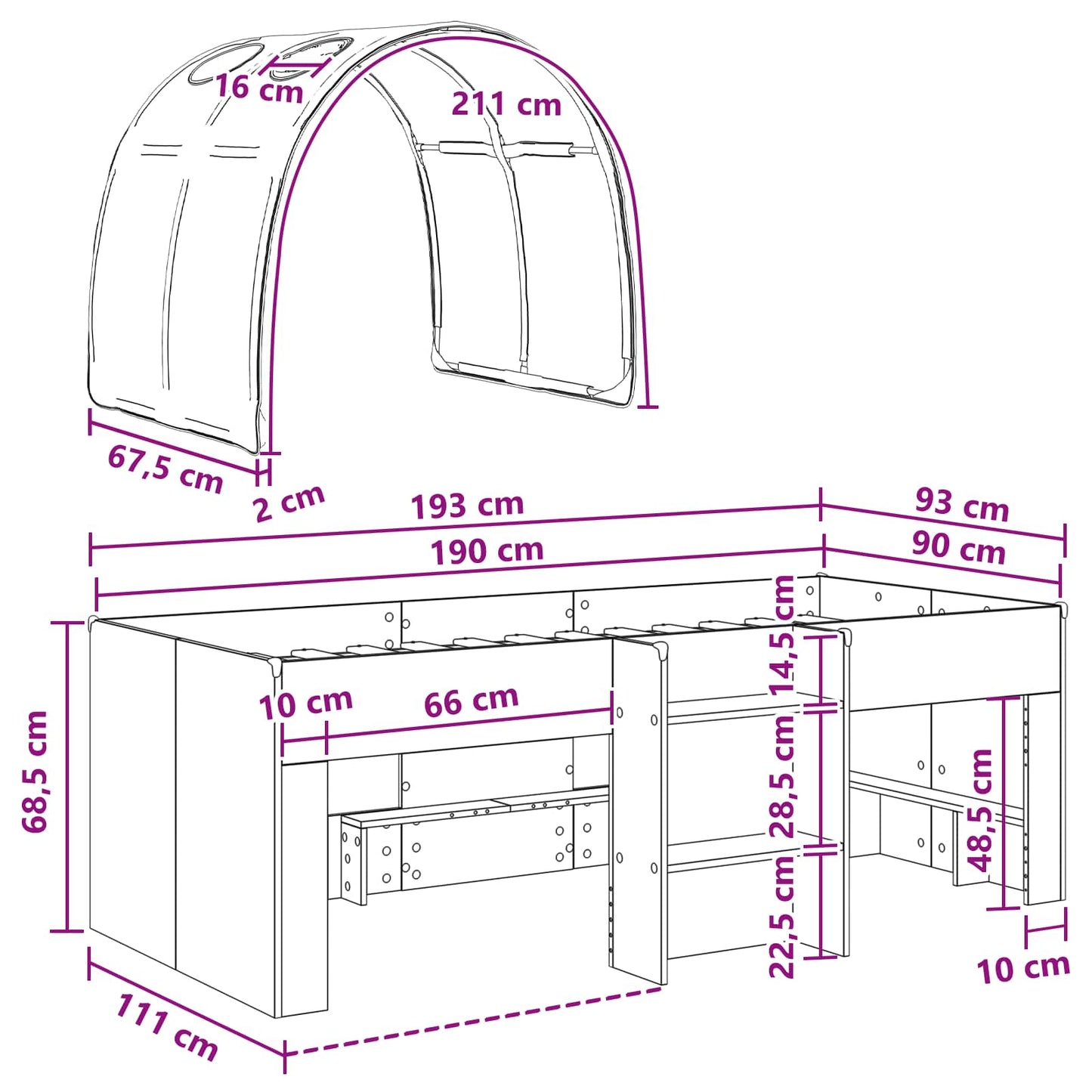 Bed met Tunnel 3 st Wit en Lichtblauw Bewerkt hout