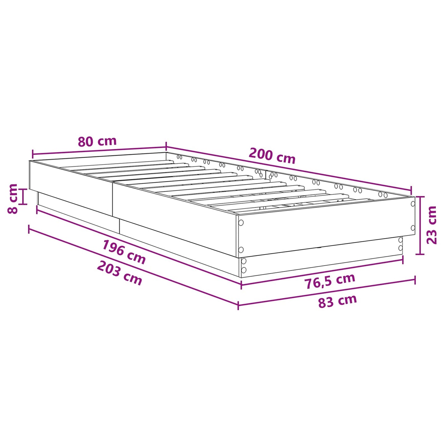 Bed Frame met LED Sonoma Eiken 80 x 200 cm Bewerkt hout is nu te koop bij PeponiXL, paradijselijk wonen!