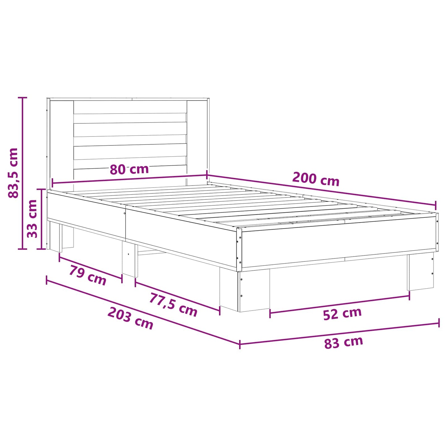 Bedframe met Hoofdeinde Sonoma Eiken 80 x 200 cm Bewerkt hout is nu te koop bij PeponiXL, paradijselijk wonen!