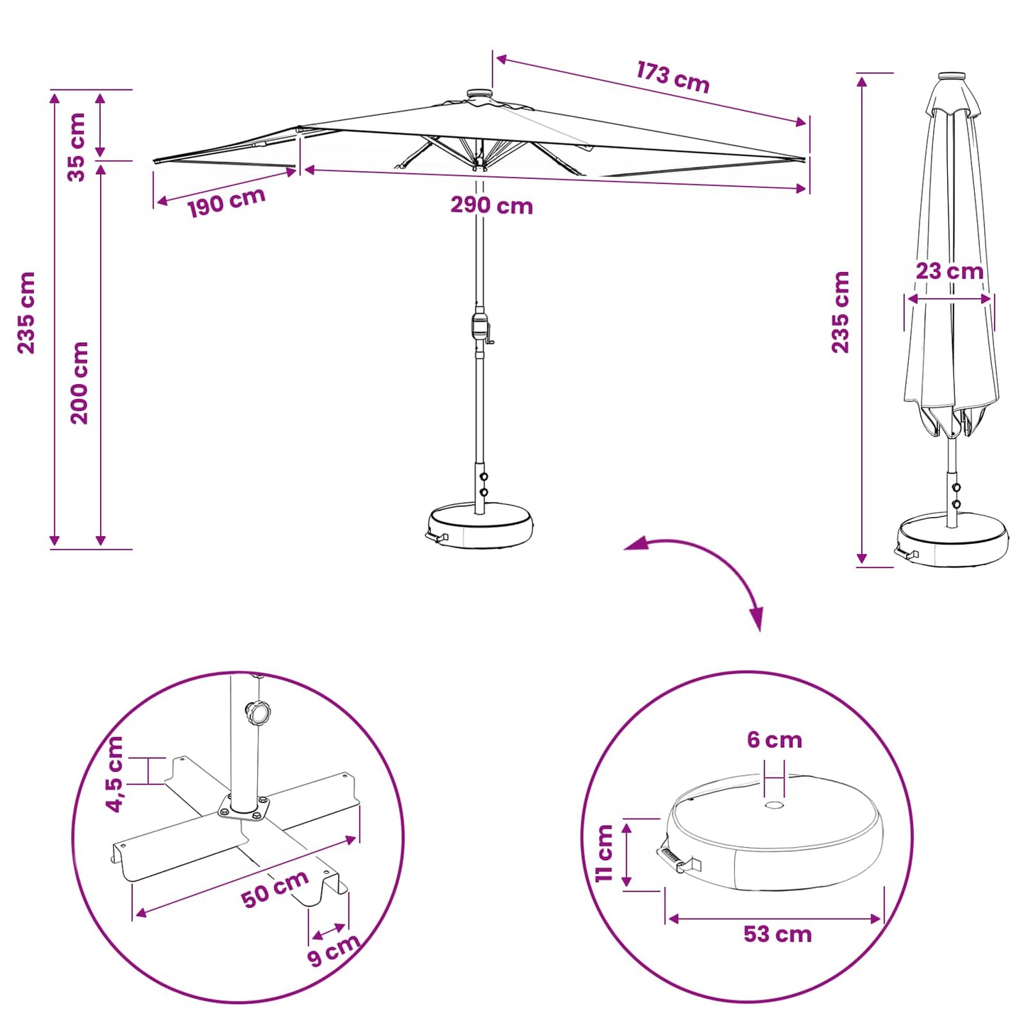 Tuinparasol met LED-lampen en voet 200 x 300 cm Polyester Zwart is nu te koop bij PeponiXL, paradijselijk wonen!