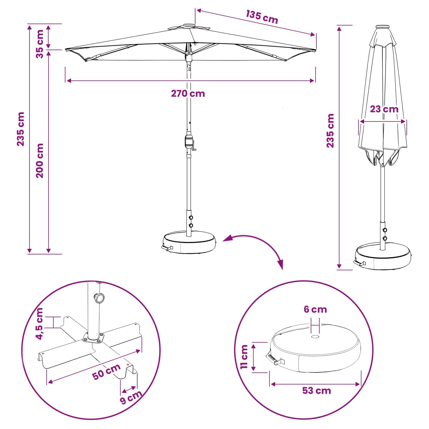 Tuinparasol met LED-lampen en voet 270 x 270 cm Polyester is nu te koop bij PeponiXL, paradijselijk wonen!