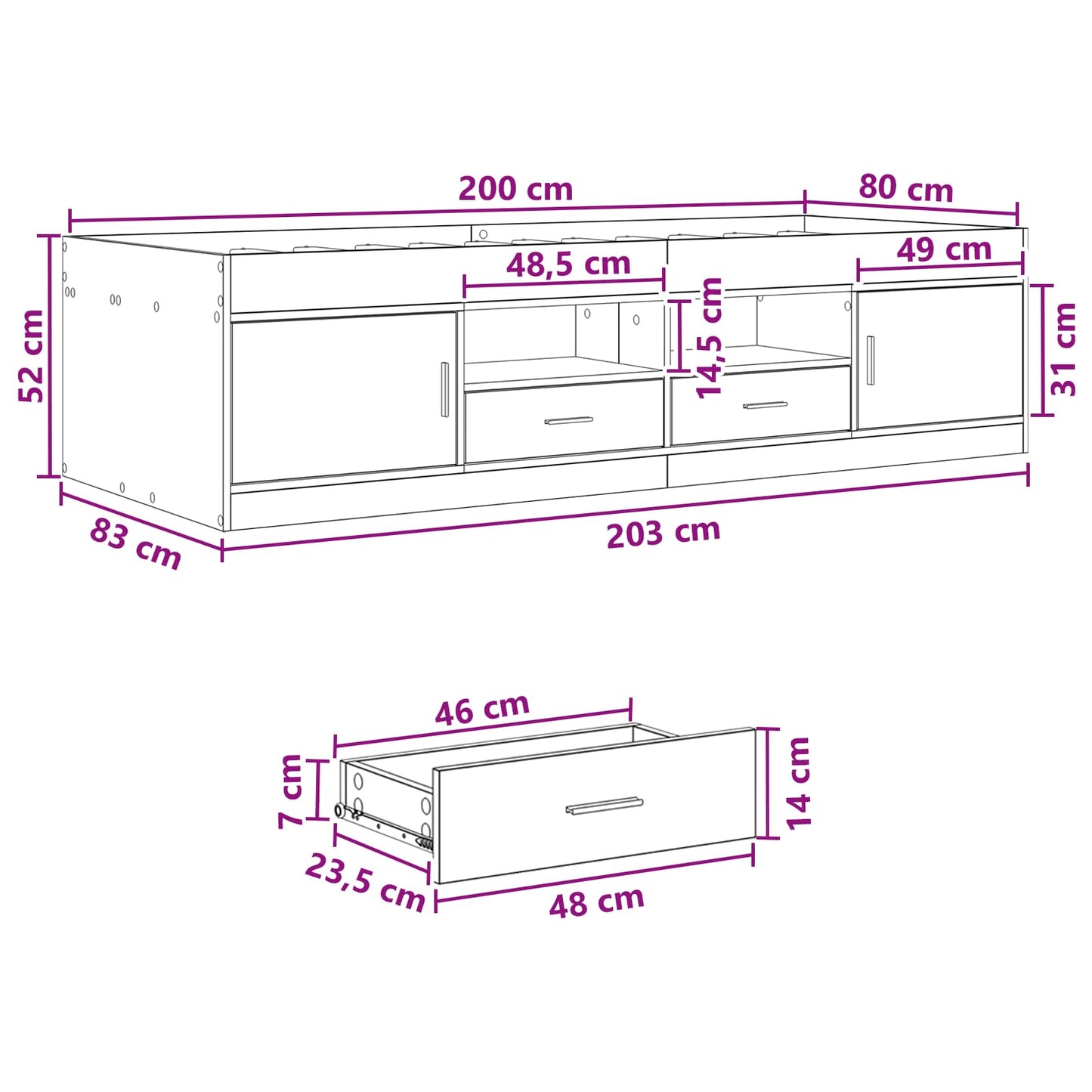 Bedframe met opslag met lade Wit 80 x 200 cm Bewerkt hout
