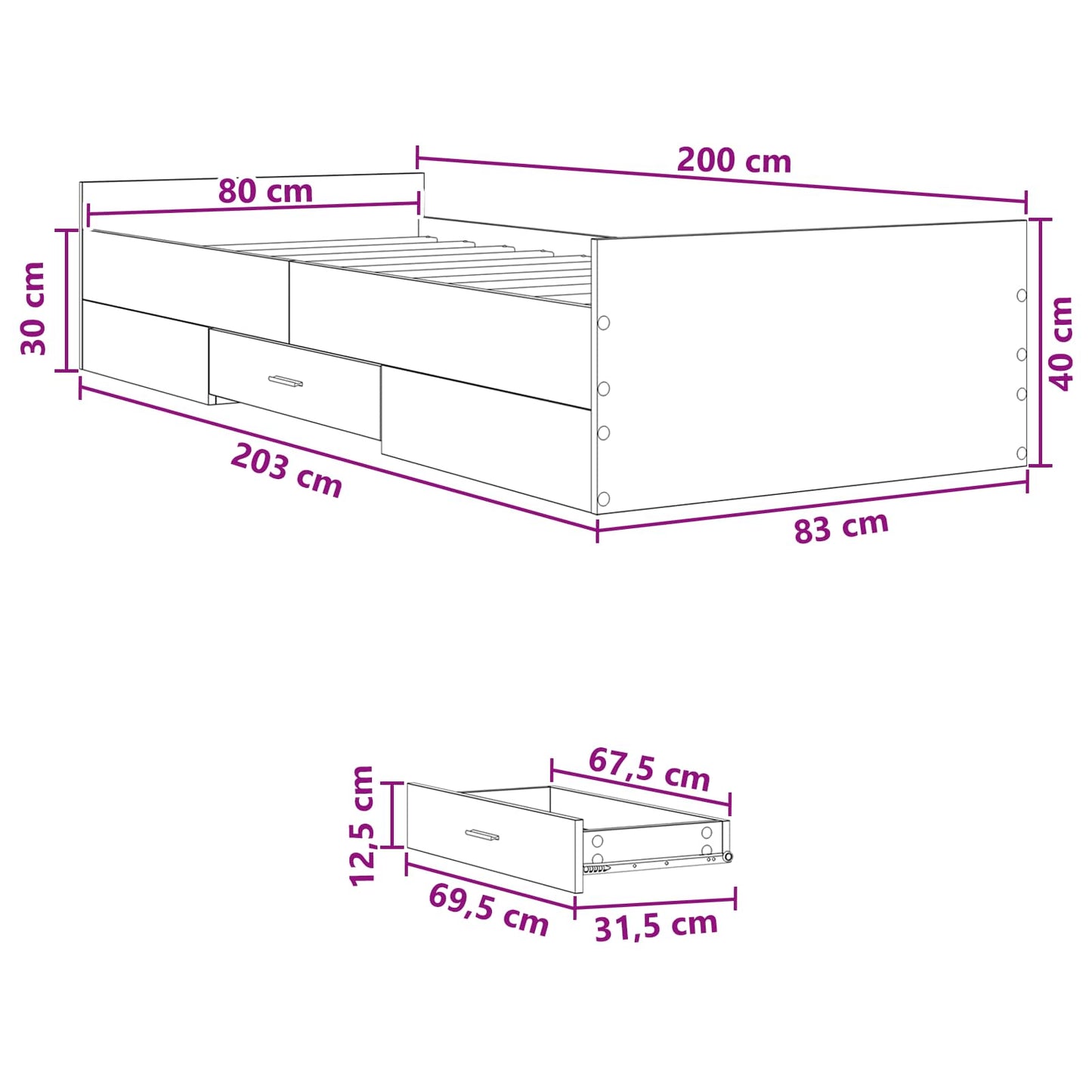 Bedframe met opslag Zwart eiken 80 x 200 cm Bewerkt hout