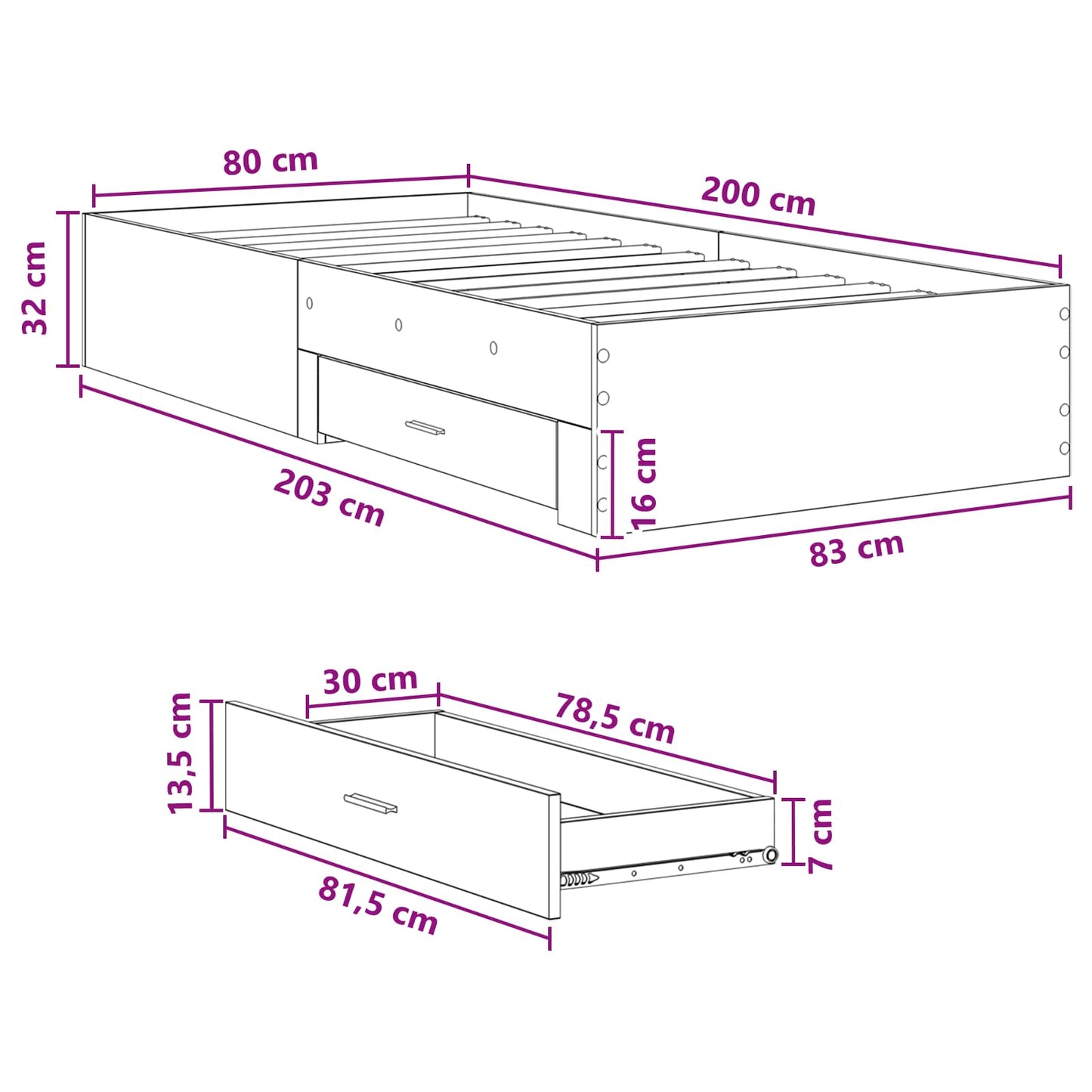 Bedframe met lade met opslag Artisanaal eiken Bewerkt hout