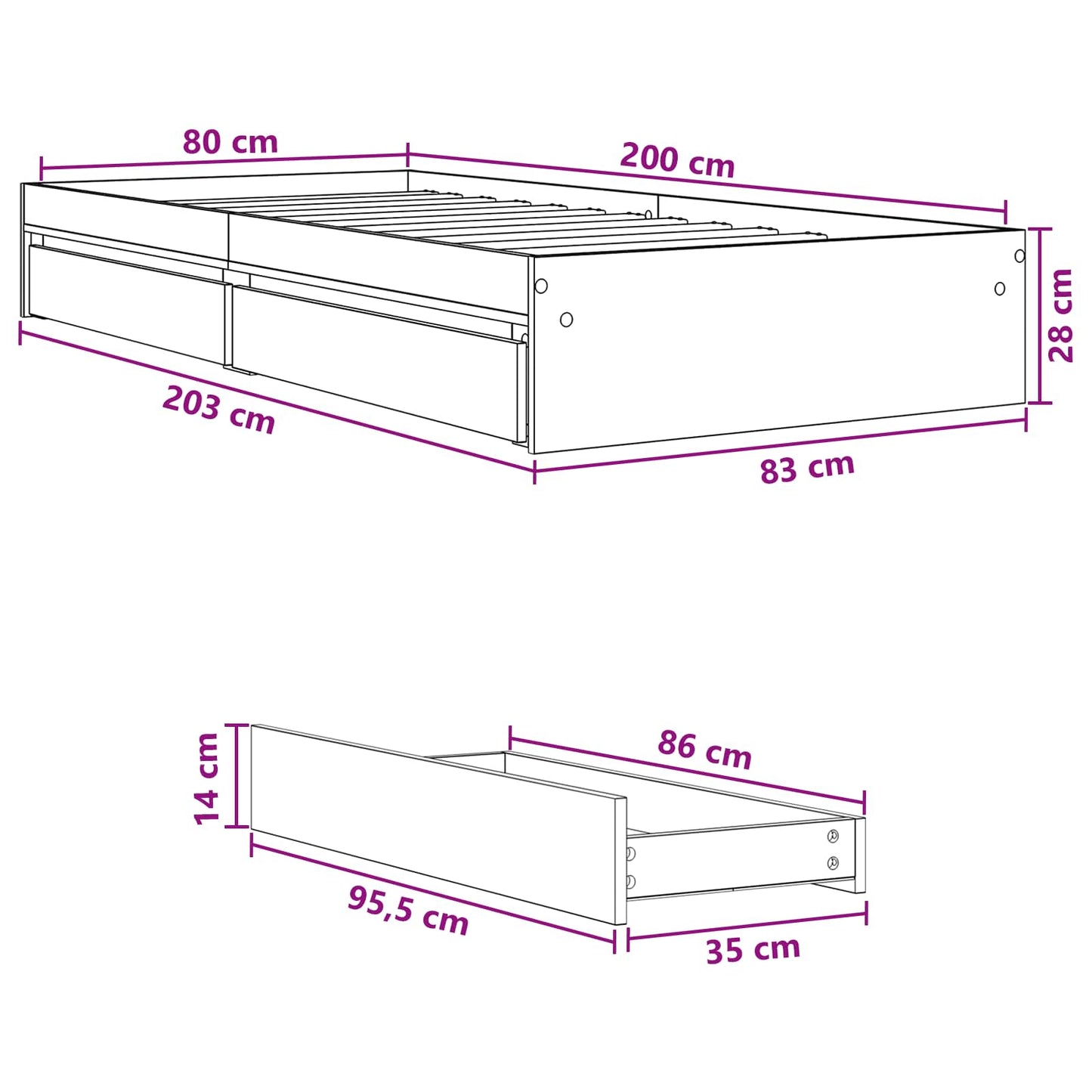 Bedframe met opslag Zwart eiken 80 x 200 cm Bewerkt hout