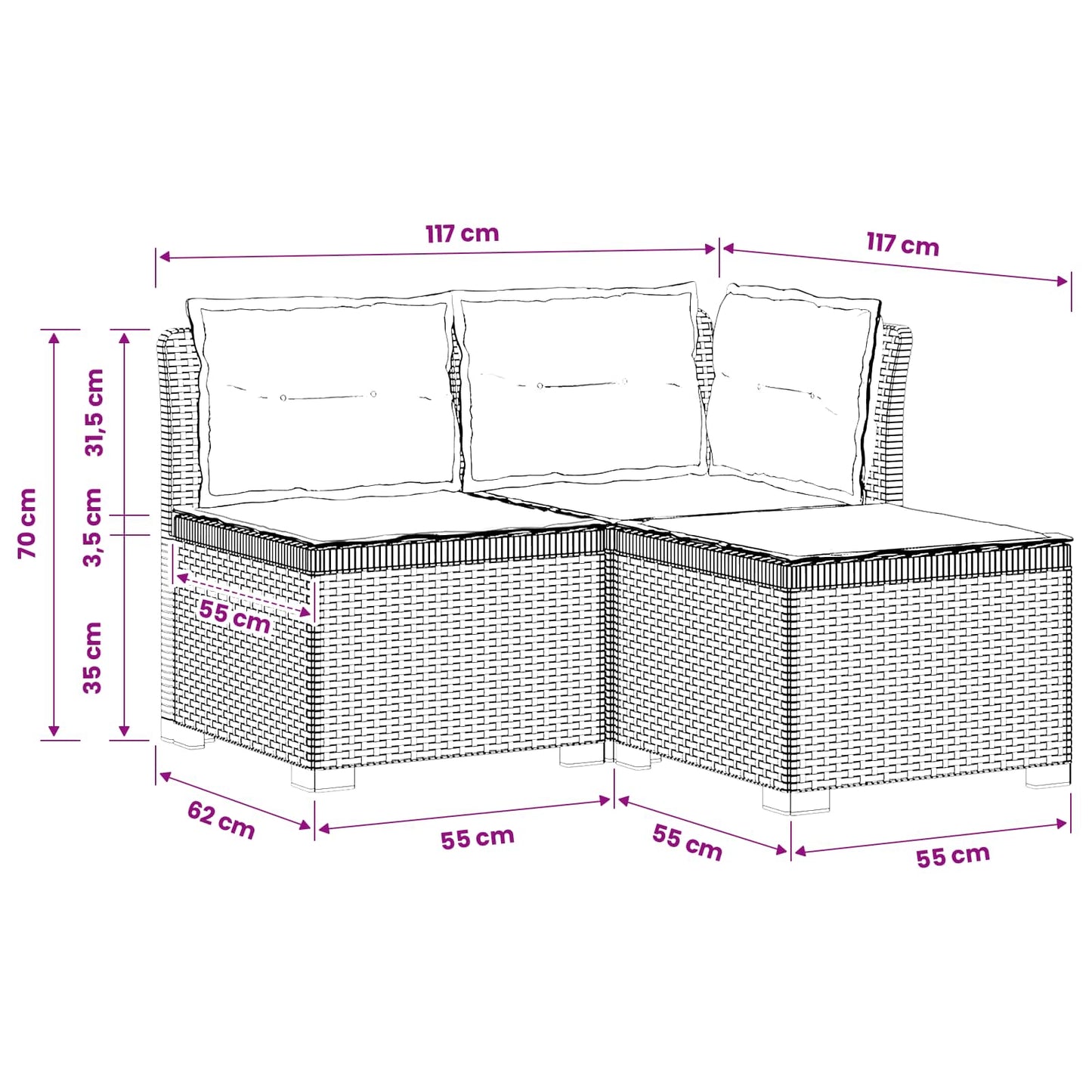 3-zits tuinbank met kussens in rattanlook PP Wit is nu te koop bij PeponiXL, paradijselijk wonen!