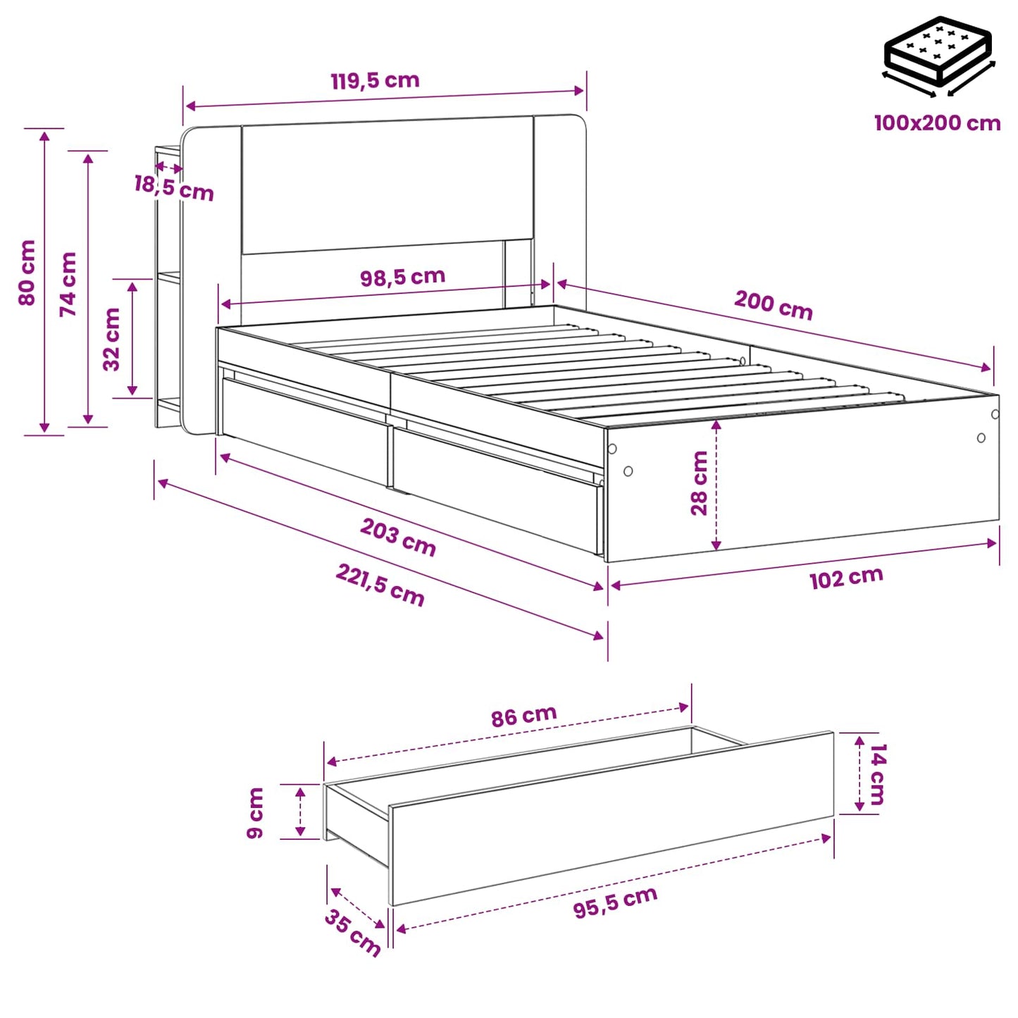 Bedframe met opslag Sonoma Eiken 100 x 200 cm Bewerkt hout is nu te koop bij PeponiXL, paradijselijk wonen!