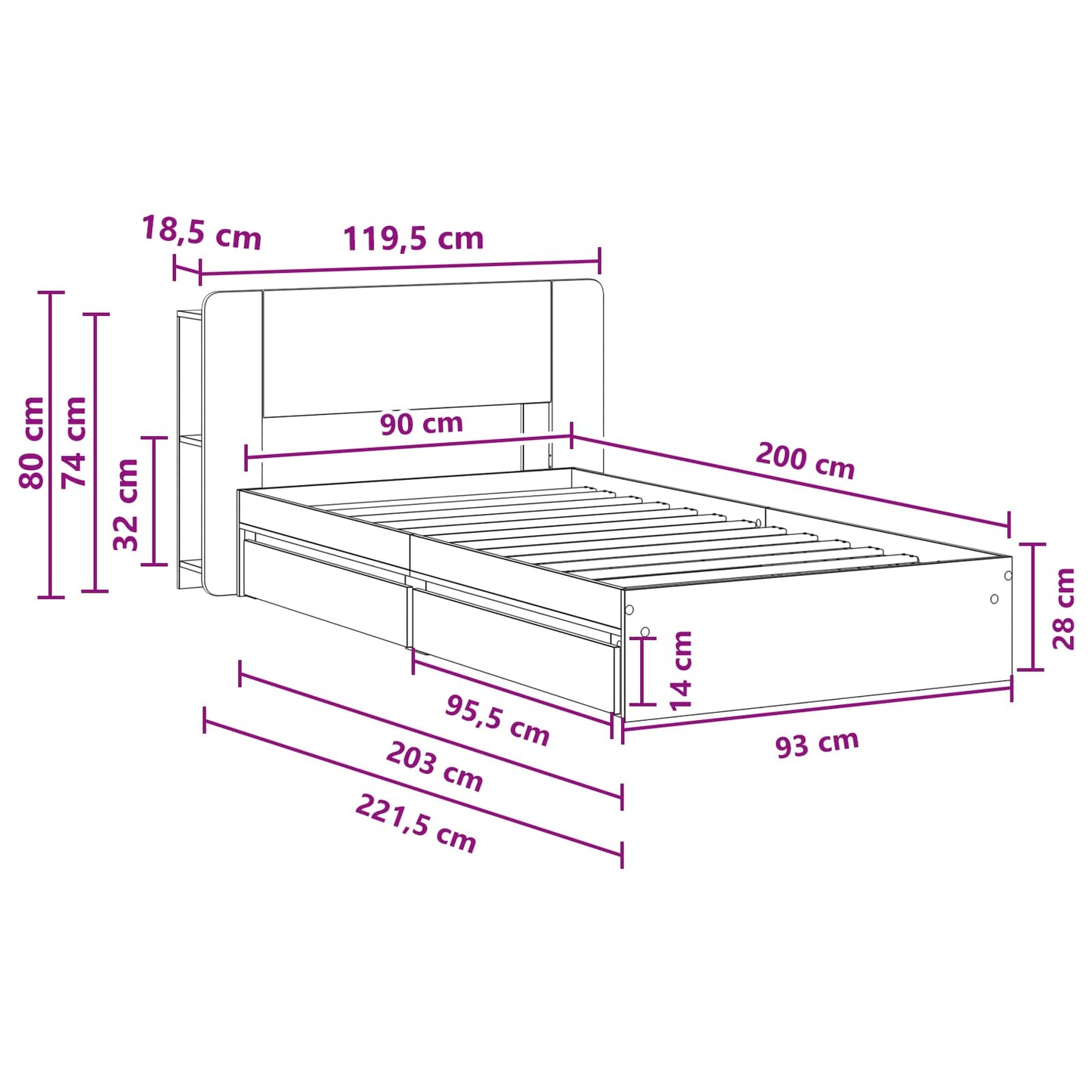 Bedframe met opslag Gerookt eiken 90 x 200 cm Bewerkt hout is nu te koop bij PeponiXL, paradijselijk wonen!