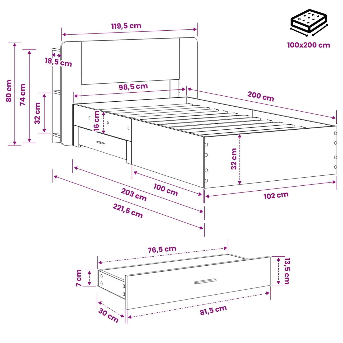 Bedframe met opslag Gerookt eiken 100 x 200 cm Bewerkt hout is nu te koop bij PeponiXL, paradijselijk wonen!