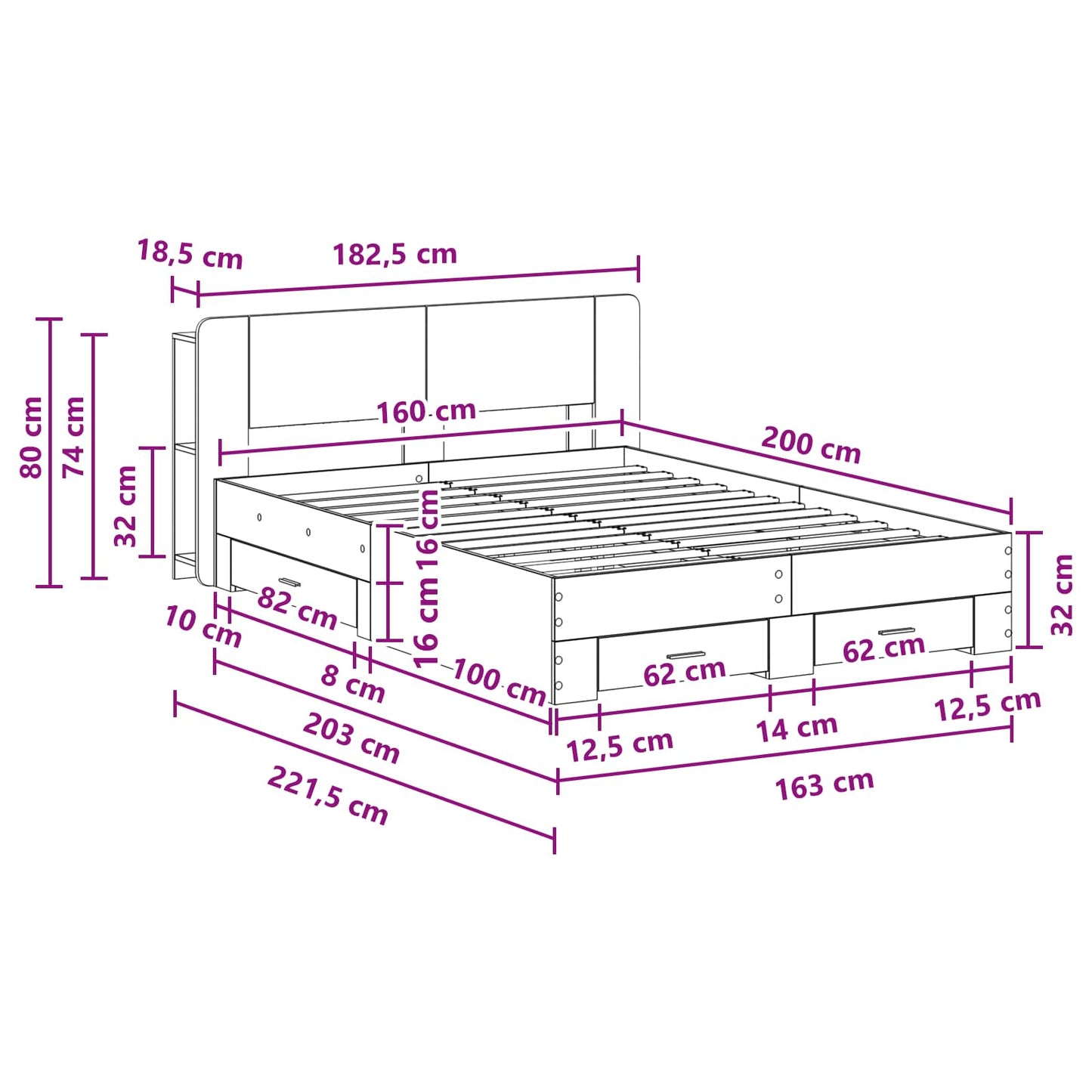 Bedframe met opslag Betongrijs 160 x 200 cm Bewerkt hout is nu te koop bij PeponiXL, paradijselijk wonen!