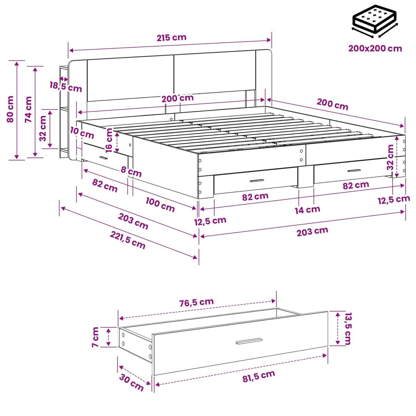 Bedframe met opslag Betongrijs 200 x 200 cm Bewerkt hout is nu te koop bij PeponiXL, paradijselijk wonen!