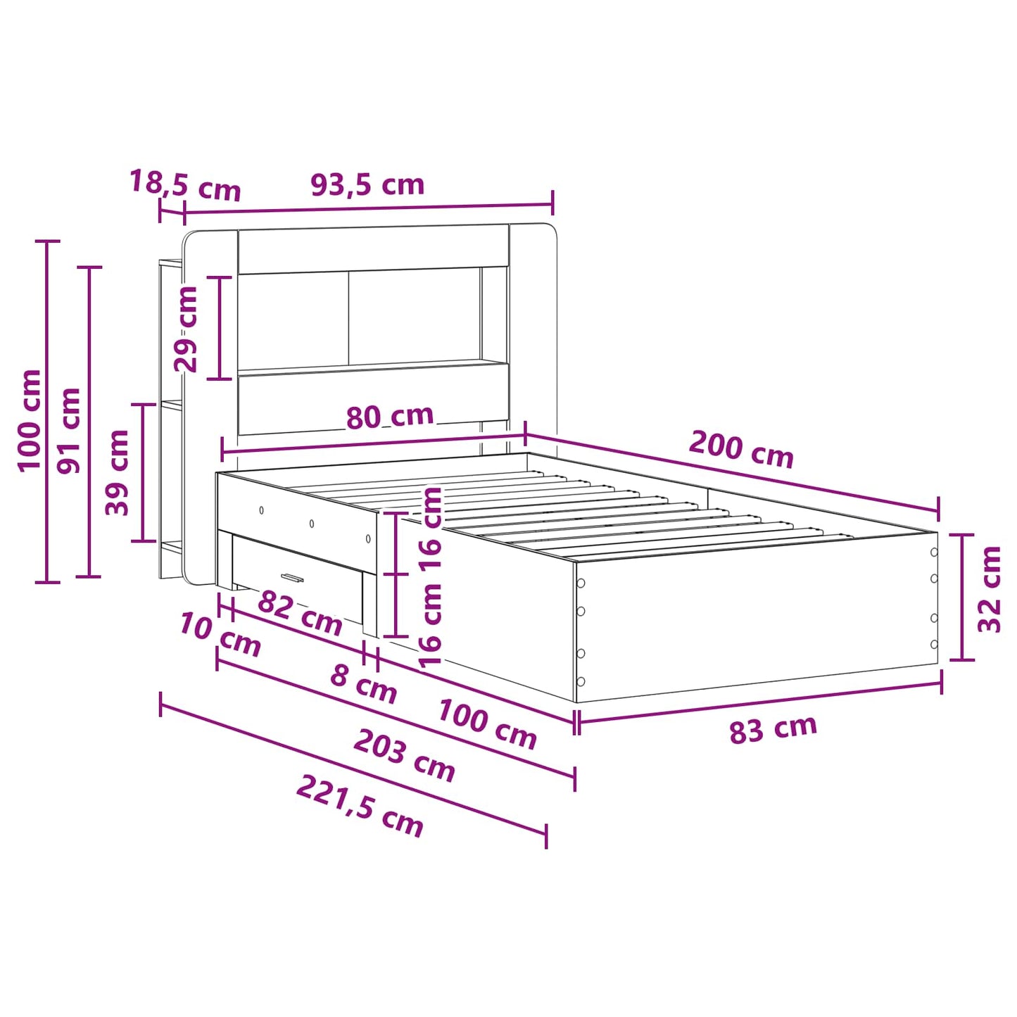 Bedframe met opslag Grijs Sonoma 80 x 200 cm Bewerkt hout is nu te koop bij PeponiXL, paradijselijk wonen!