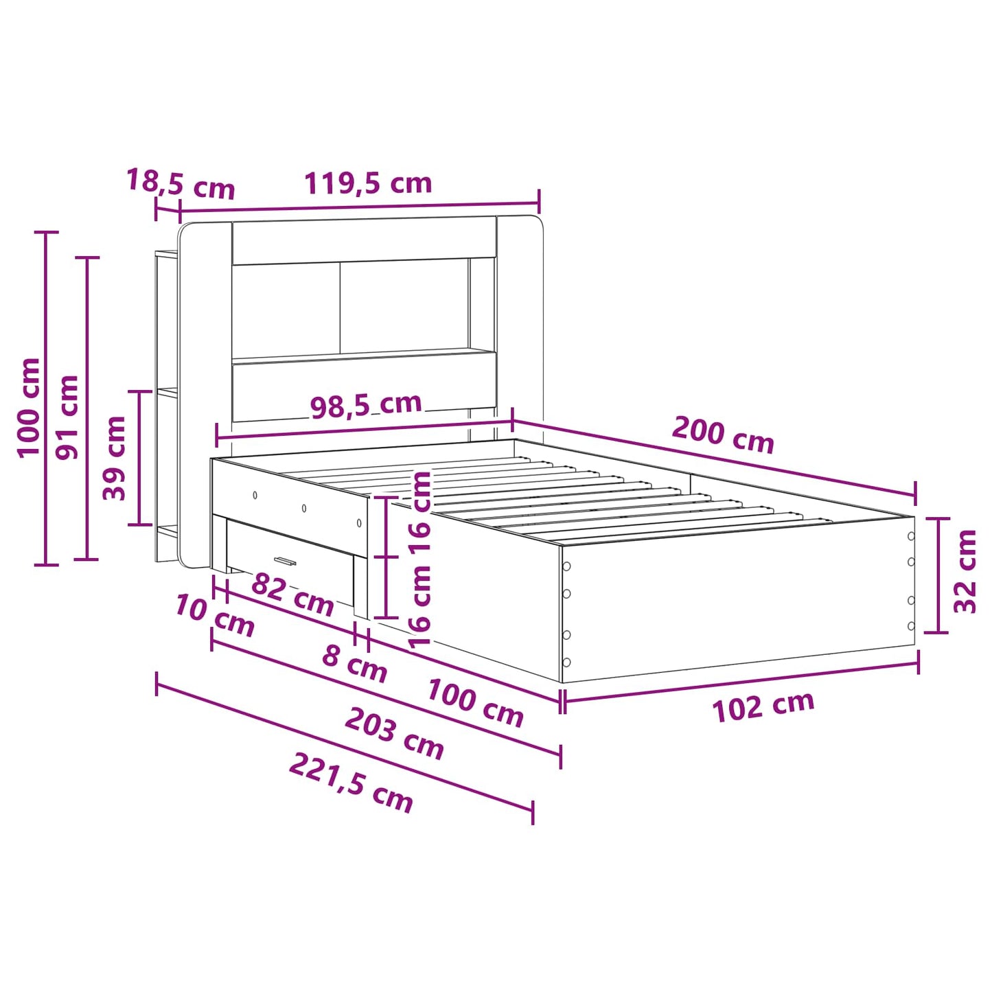 Bedframe met opslag Grijs Sonoma 100 x 200 cm Bewerkt hout is nu te koop bij PeponiXL, paradijselijk wonen!