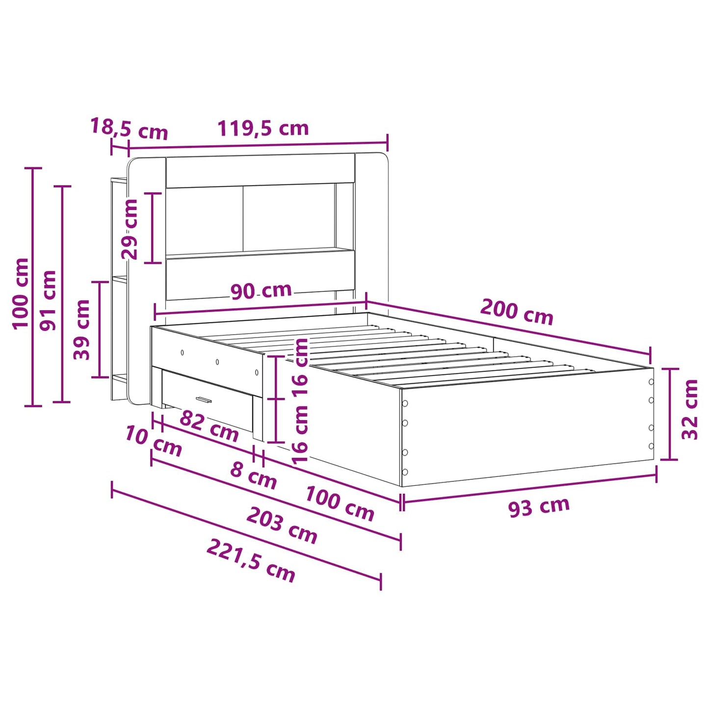 Bedframe met opslag Grijs Sonoma 90 x 200 cm Bewerkt hout is nu te koop bij PeponiXL, paradijselijk wonen!
