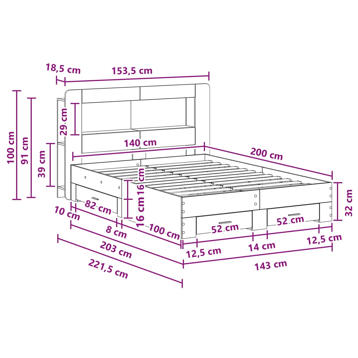 Bedframe met opslag Grijs Sonoma 140 x 200 cm Bewerkt hout is nu te koop bij PeponiXL, paradijselijk wonen!