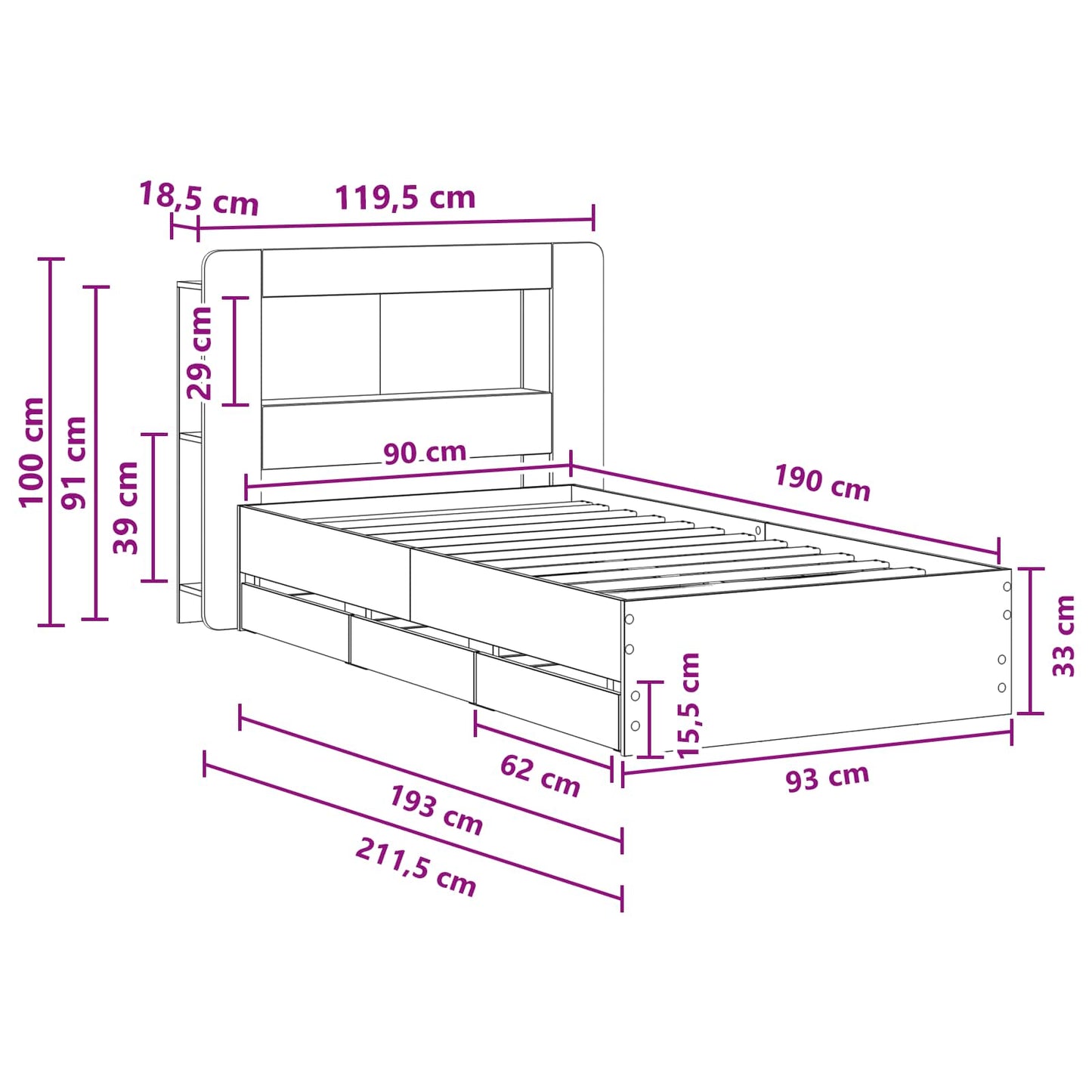 Bedframe met opslag Gerookt eiken 90 x 190 cm Bewerkt hout is nu te koop bij PeponiXL, paradijselijk wonen!