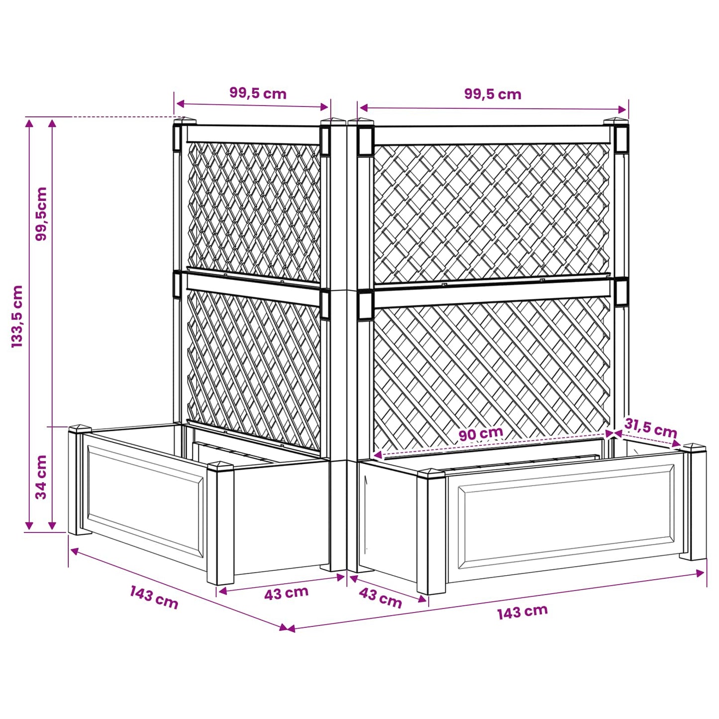 Grote plantenbak met trellis 2 pcs Grijs 143 x 143 x 133,5 cm is nu te koop bij PeponiXL, paradijselijk wonen!